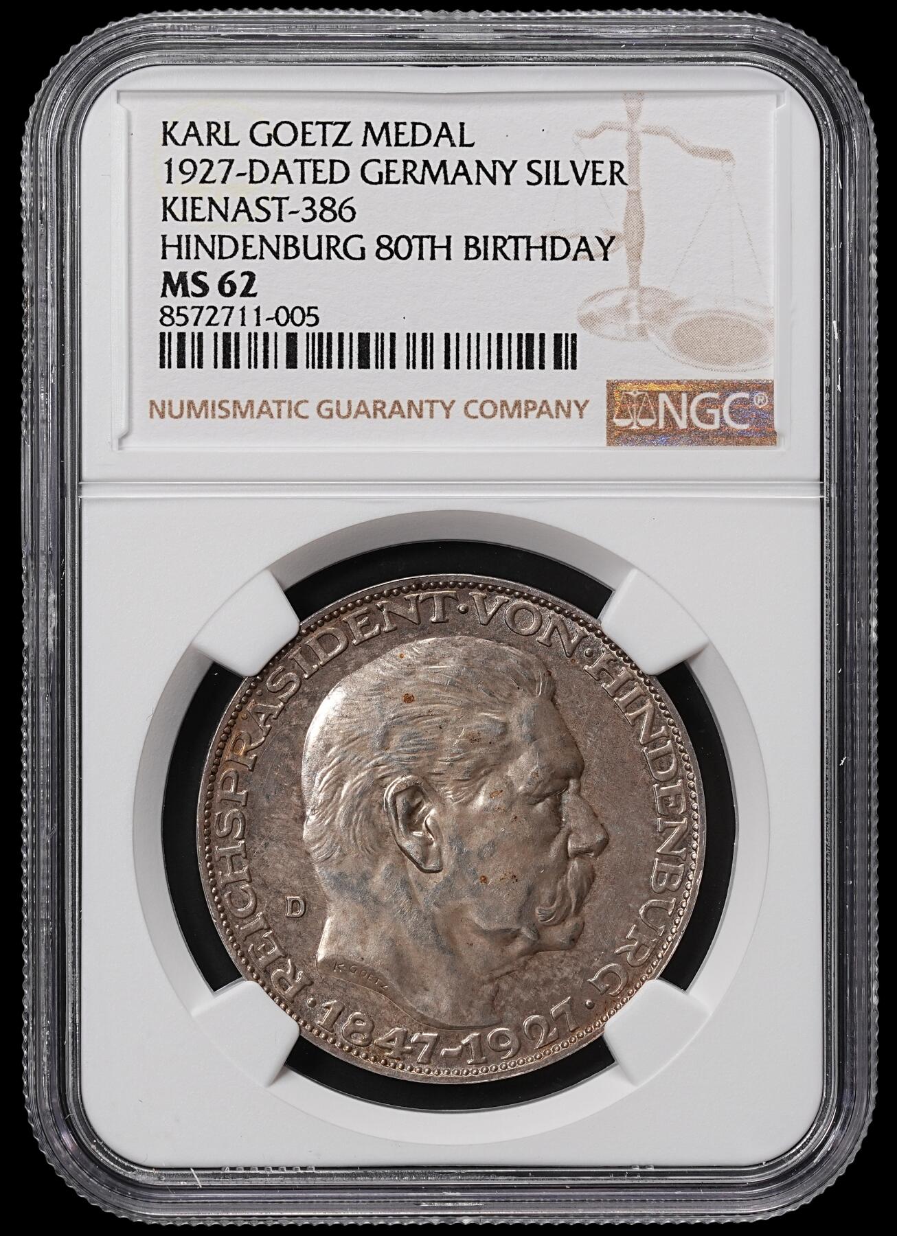 修遠堂世界钱币第八十四期 NGC MS62 1927年兴登堡80大寿纪念银章 卡尔歌茨作品