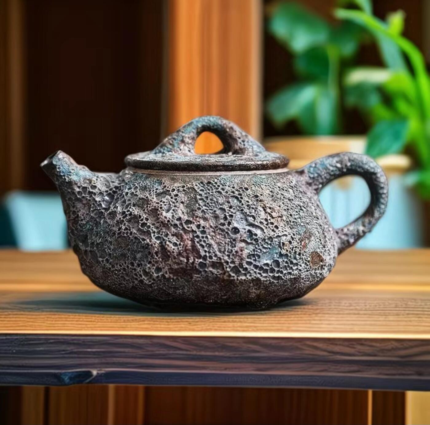 精品粗陶壶专场 柴烧手工虫洞纹理石瓢茶壶
