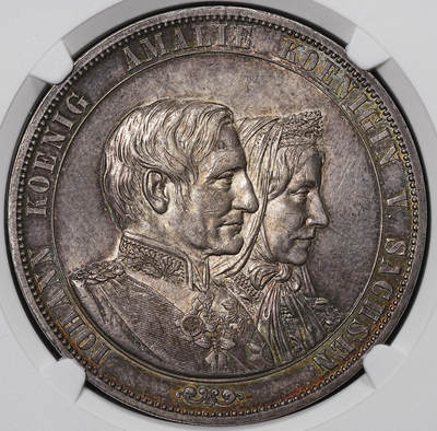 修遠堂世界钱币第八十四期 - NGC-MS62 1872萨克森国王金婚纪念2泰勒大银币 德系最后的2泰勒 五彩
