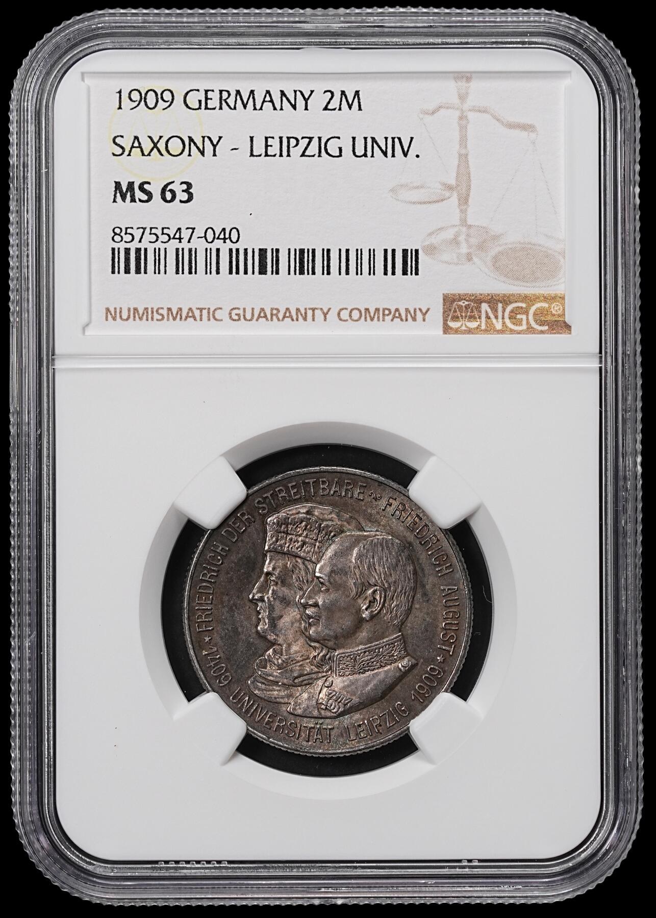 修遠堂世界钱币第八十四期 NGC MS63 1909年萨克森-莱比锡大学500周年纪念2马克银币 黑五彩