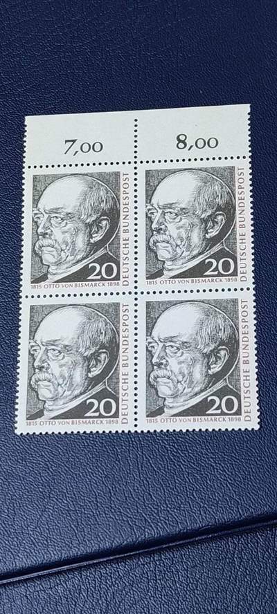 德国邮票专场，都是人物题材 - 德国四方连邮票，1965年发行：俾斯麦首相诞辰150周年，品相如图