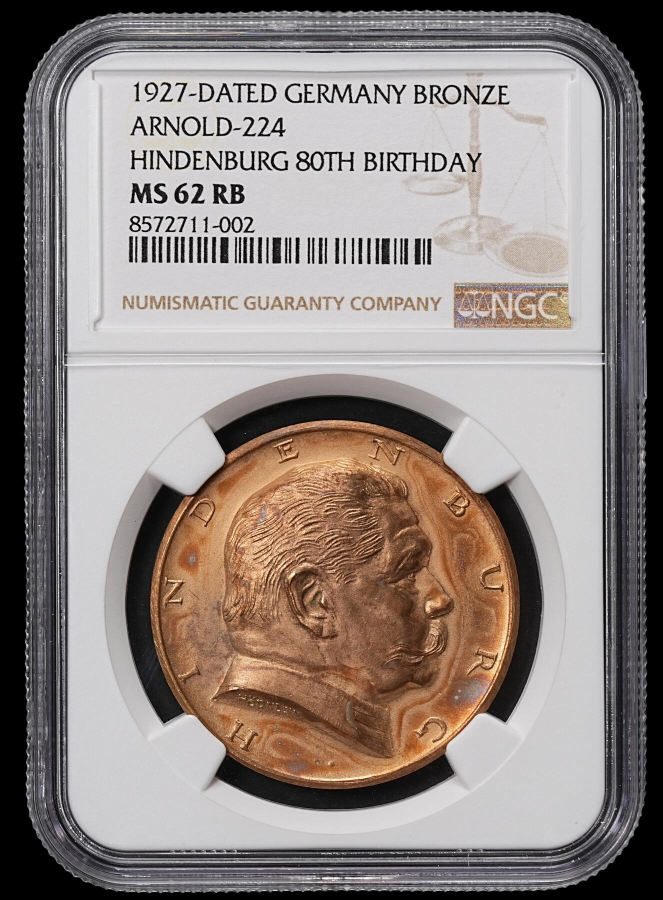 修遠堂世界钱币第八十四期 NGC MS62RB 1927年兴登堡80大寿纪念铜章