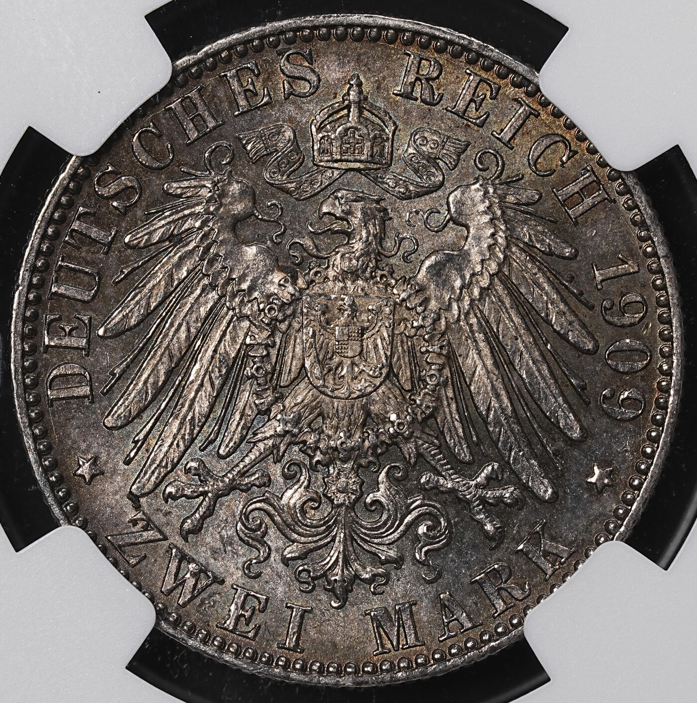 修遠堂世界钱币第八十四期 NGC MS63 1909年萨克森-莱比锡大学500周年纪念2马克银币 黑五彩
