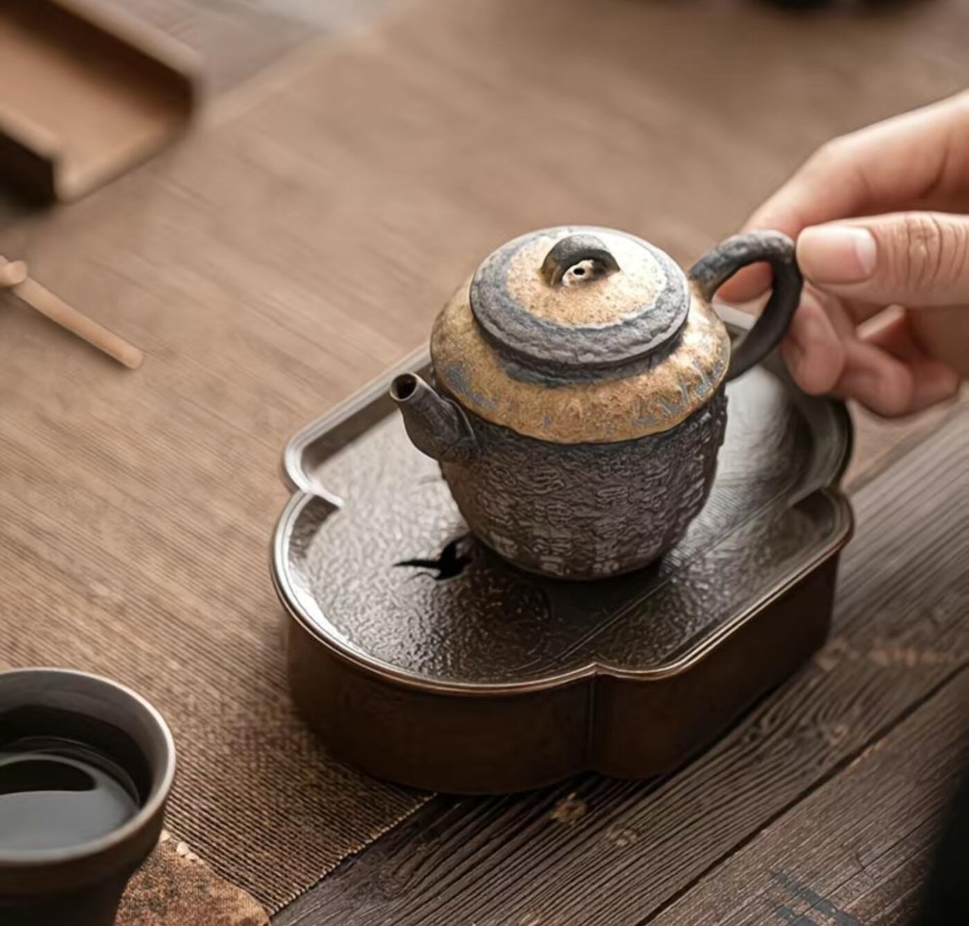 精品粗陶壶专场 复古鎏金铁釉手工古早烧粗陶心经茶壶
