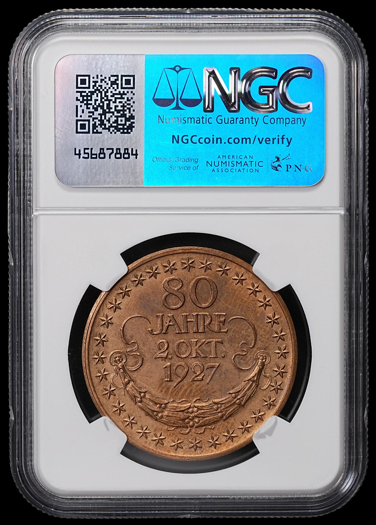 修遠堂世界钱币第八十四期 NGC MS62RB 1927年兴登堡80大寿纪念铜章