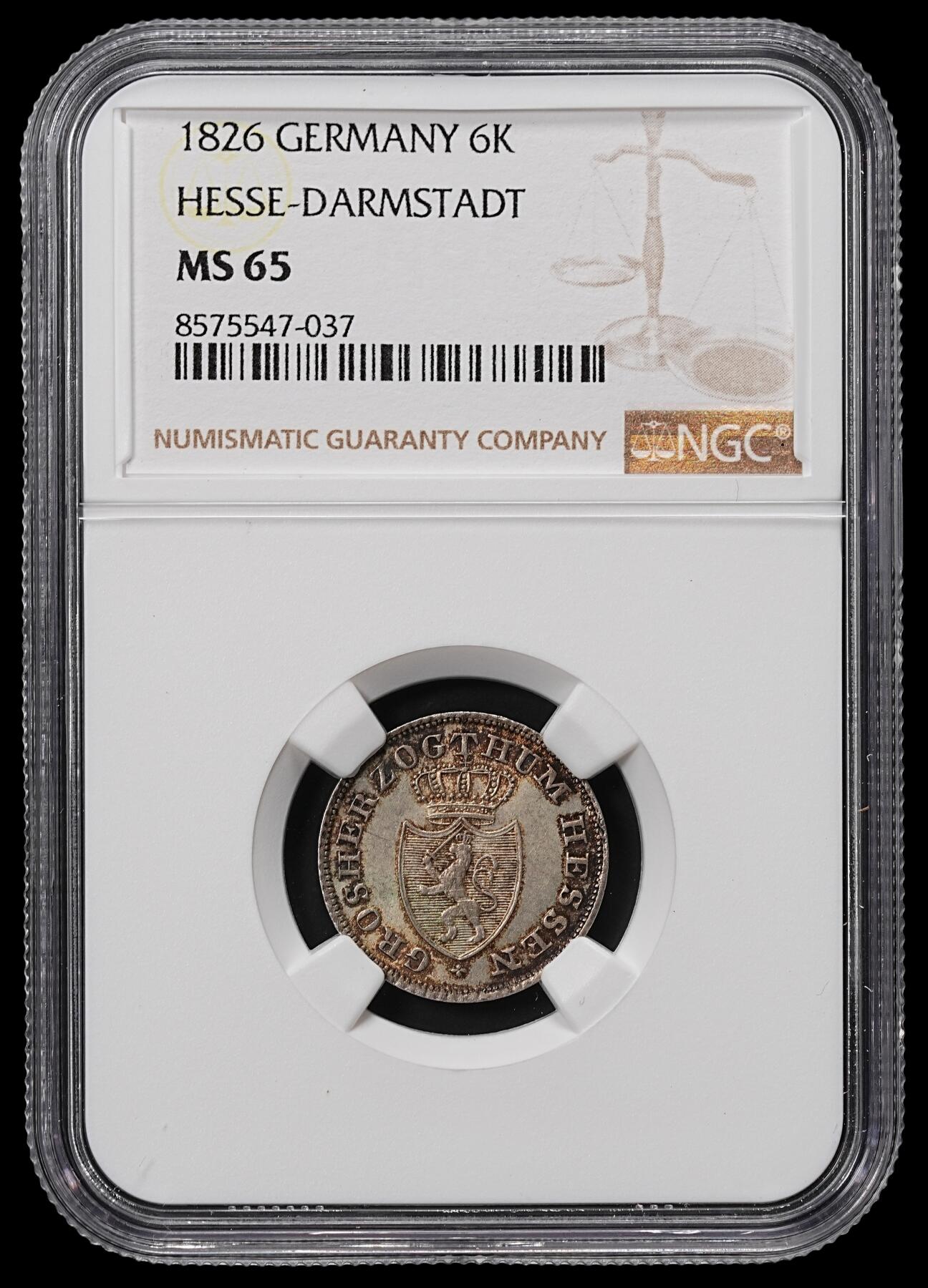 修遠堂世界钱币第八十四期 NGC MS65 1826年黑森-达姆施塔特6克鲁泽银币 唯一冠军分