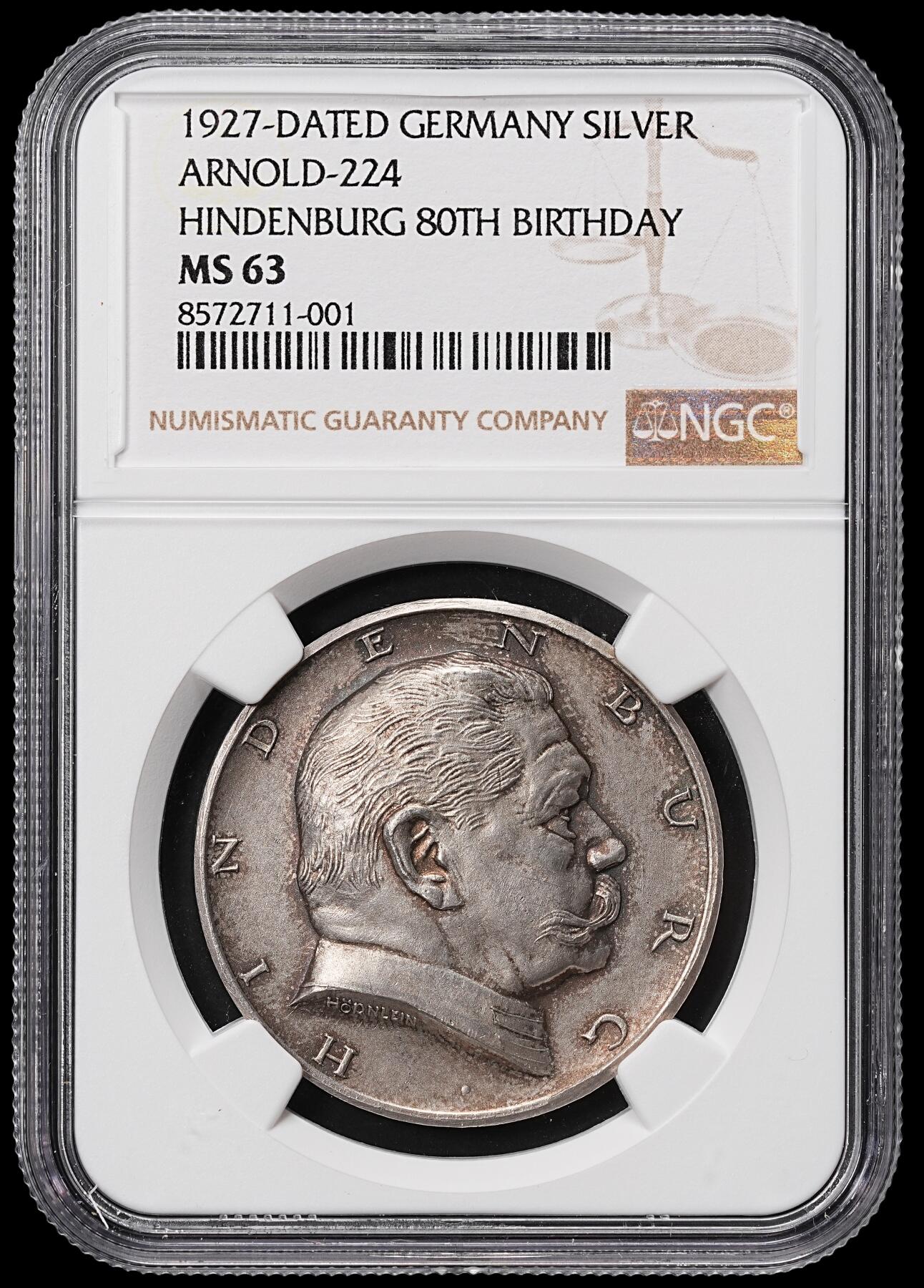 修遠堂世界钱币第八十四期 NGC MS63 1927年兴登堡80大寿纪念银章