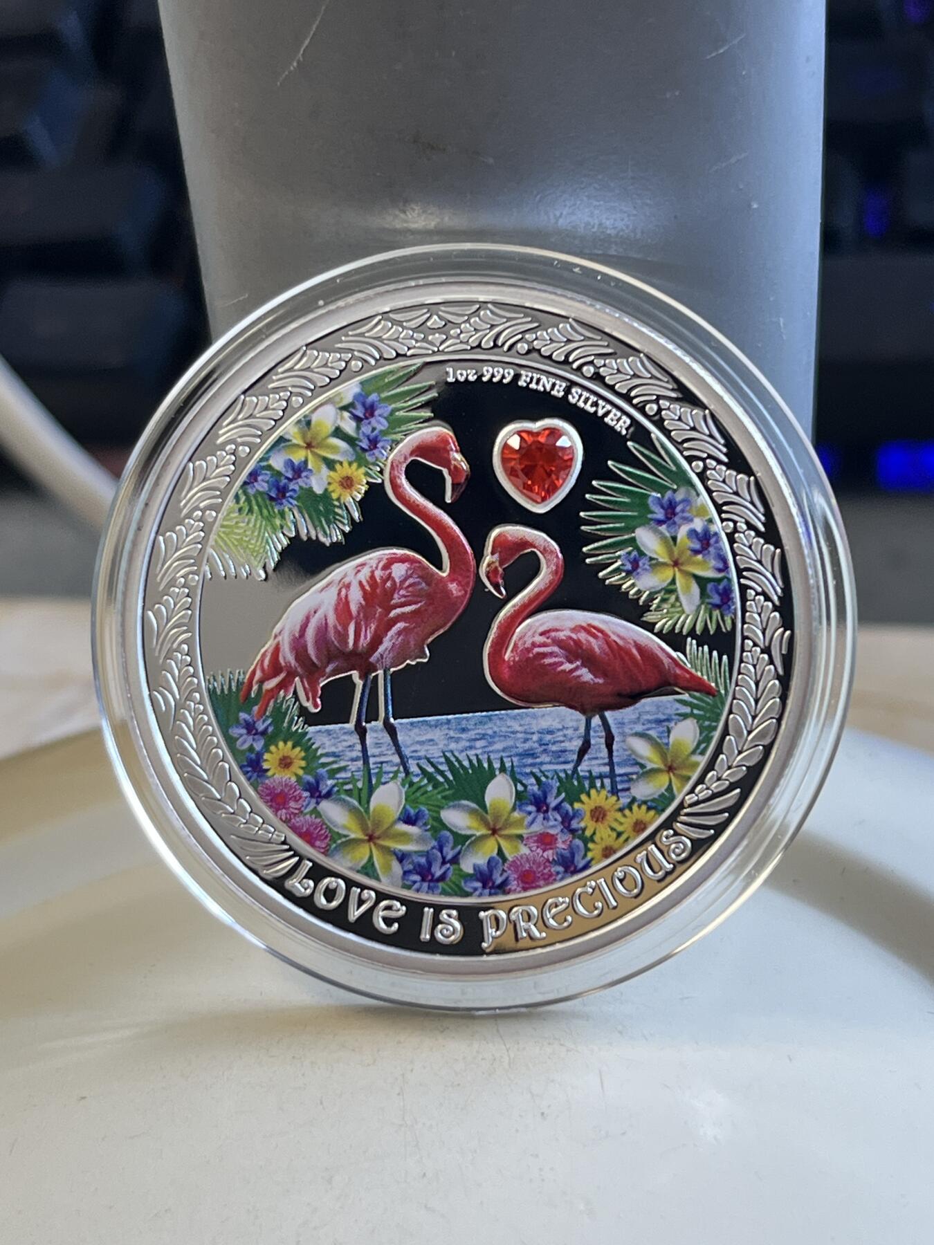 第175期拍卖【长期征集拍品】 纽埃2021珍贵的爱情系列火烈鸟1盎司镶水晶银币,999银，发行3000枚