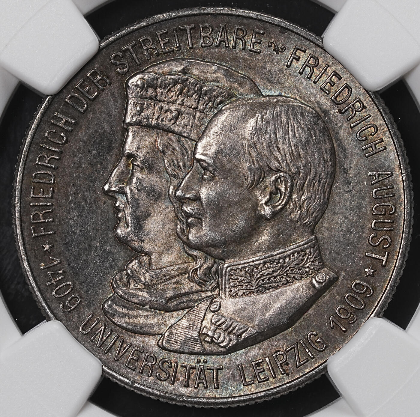 修遠堂世界钱币第八十四期 NGC MS63 1909年萨克森-莱比锡大学500周年纪念2马克银币 黑五彩