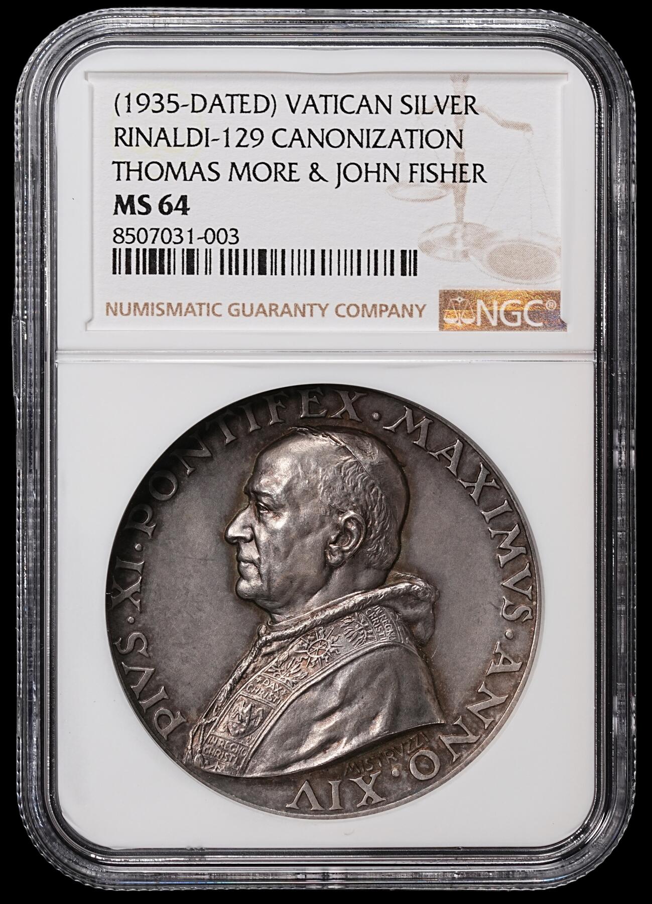 修遠堂世界钱币第八十四期 NGC MS64 1935年梵蒂冈-托马斯·莫尔，约翰·费舍尔 封圣纪念高浮雕大银章 冠军分