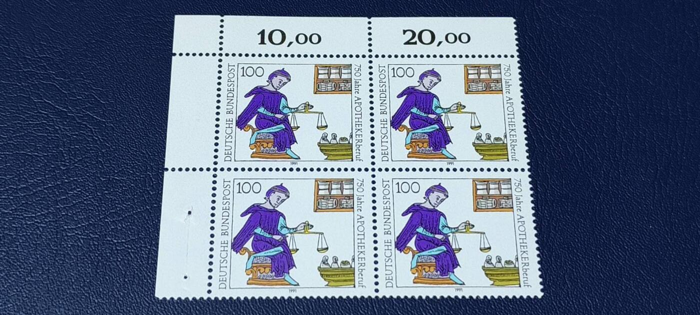 德国邮票专场，都是人物题材 德国邮票四方连，1991年发行，药剂学创立750周年，品相如图