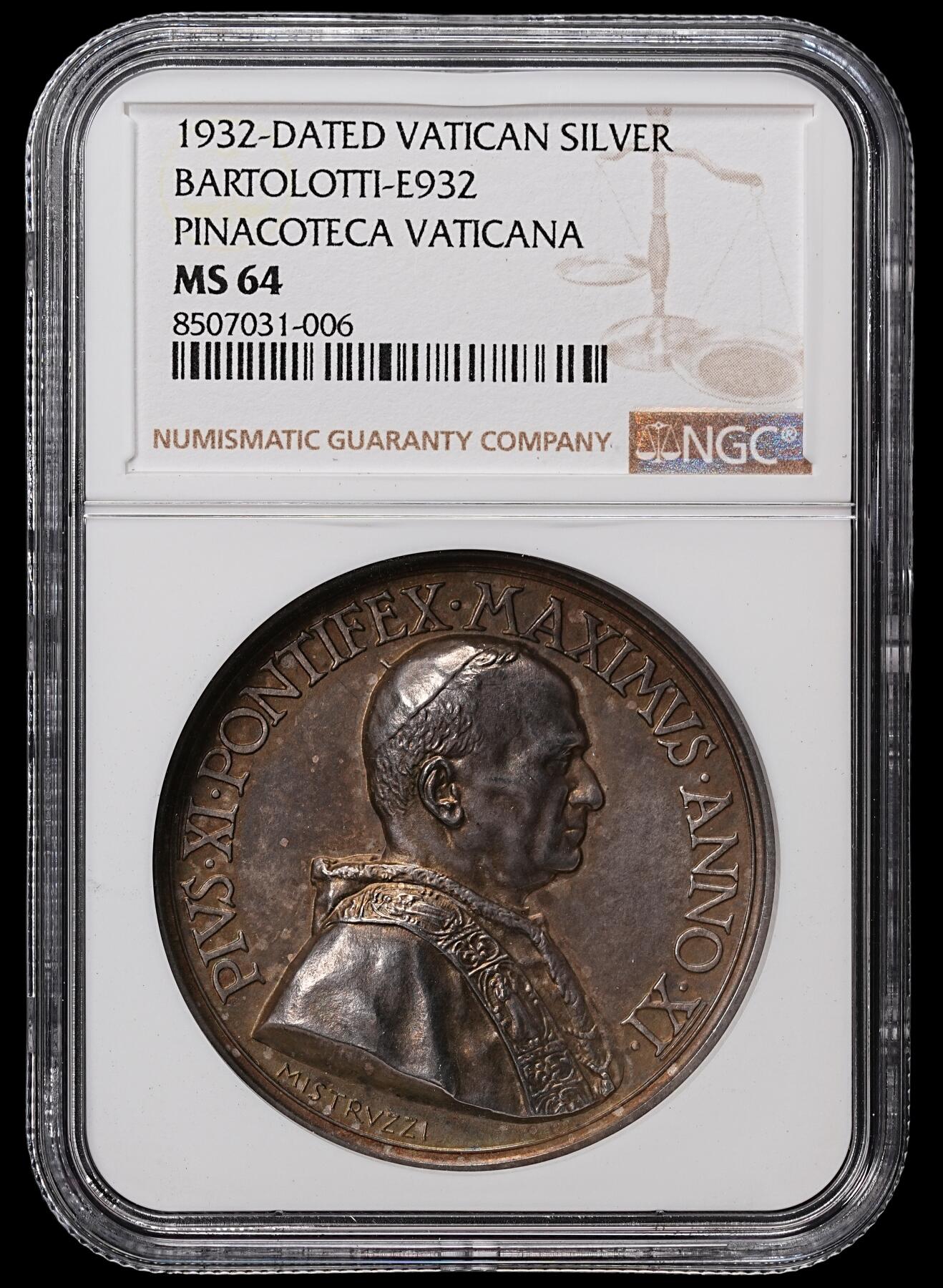 修遠堂世界钱币第八十四期 NGC MS64 1932年梵蒂冈博物馆纪念高浮雕大银章