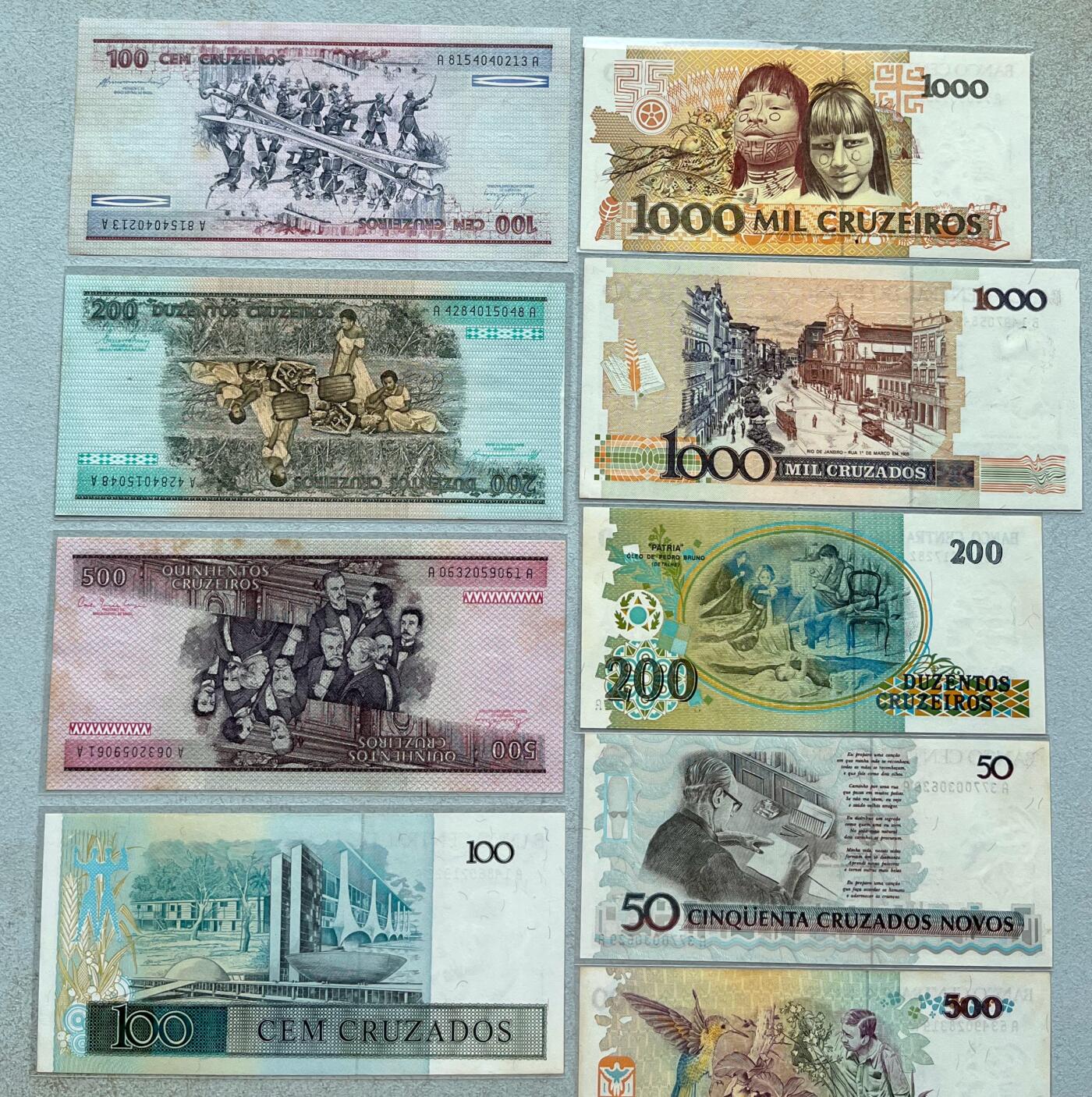 日本战争债券、英国伊二女王末版纸币套、哈萨克斯坦2万坚戈纪念钞、民国钞、台湾经济振兴券，台湾原住民系列套币/生肖银币，新疆喀什饷银五钱，康熙/光绪铜钱，哈萨克斯坦精制纪念银币，荷属东印度爪哇岛小铜块。彼得堡世界钱币勋章拍卖第133期 巴西纸币一批11枚不同，老版1981-1990年，含纪念钞，绝大多数都是近全新好品