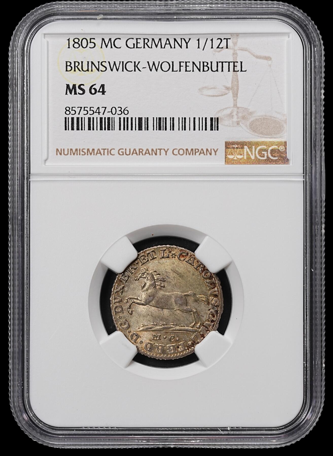修遠堂世界钱币第八十四期 N‌GC MS64 1805年布伦瑞克‌-沃尔芬布特尔‌1/12泰勒 飞马银币 唯一亚军分 更高仅一枚65分