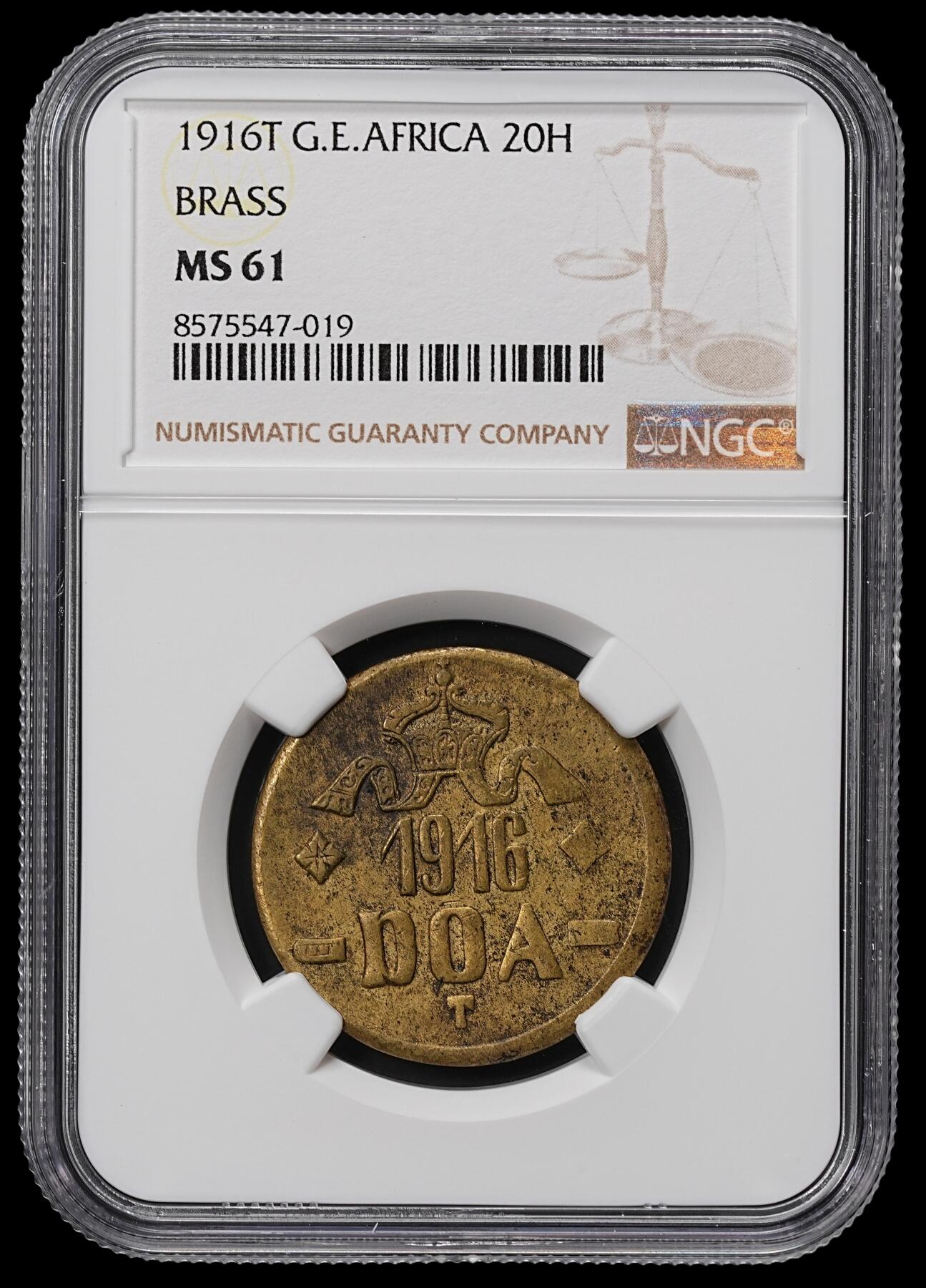 修遠堂世界钱币第八十四期 NGC MS61 1916年德属东非20 HELLER铜币 黄铜 