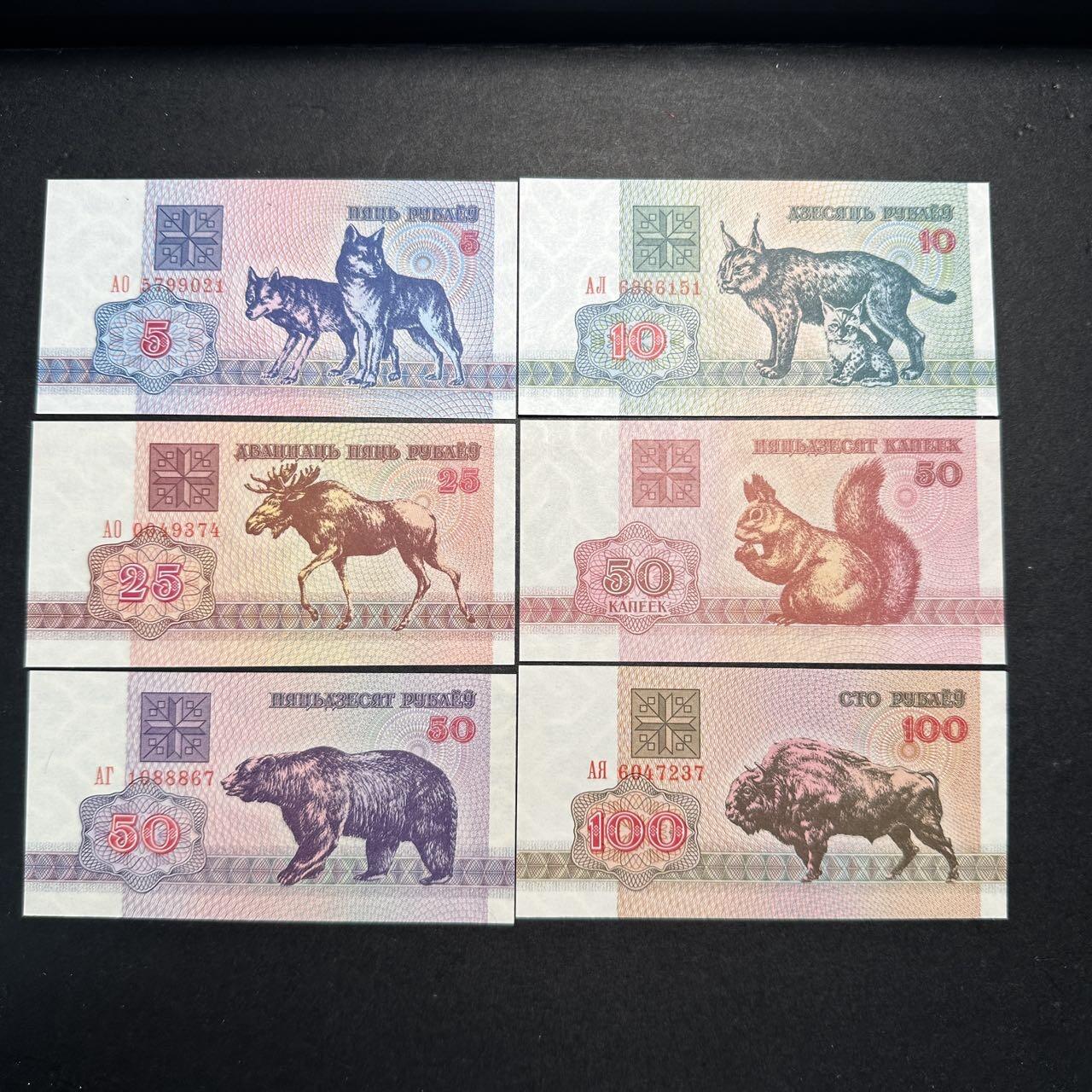 蒂克钱币-第42场 外国平价纸币0起自动拍 白俄罗斯 1992年 动物版纸币 全新6枚