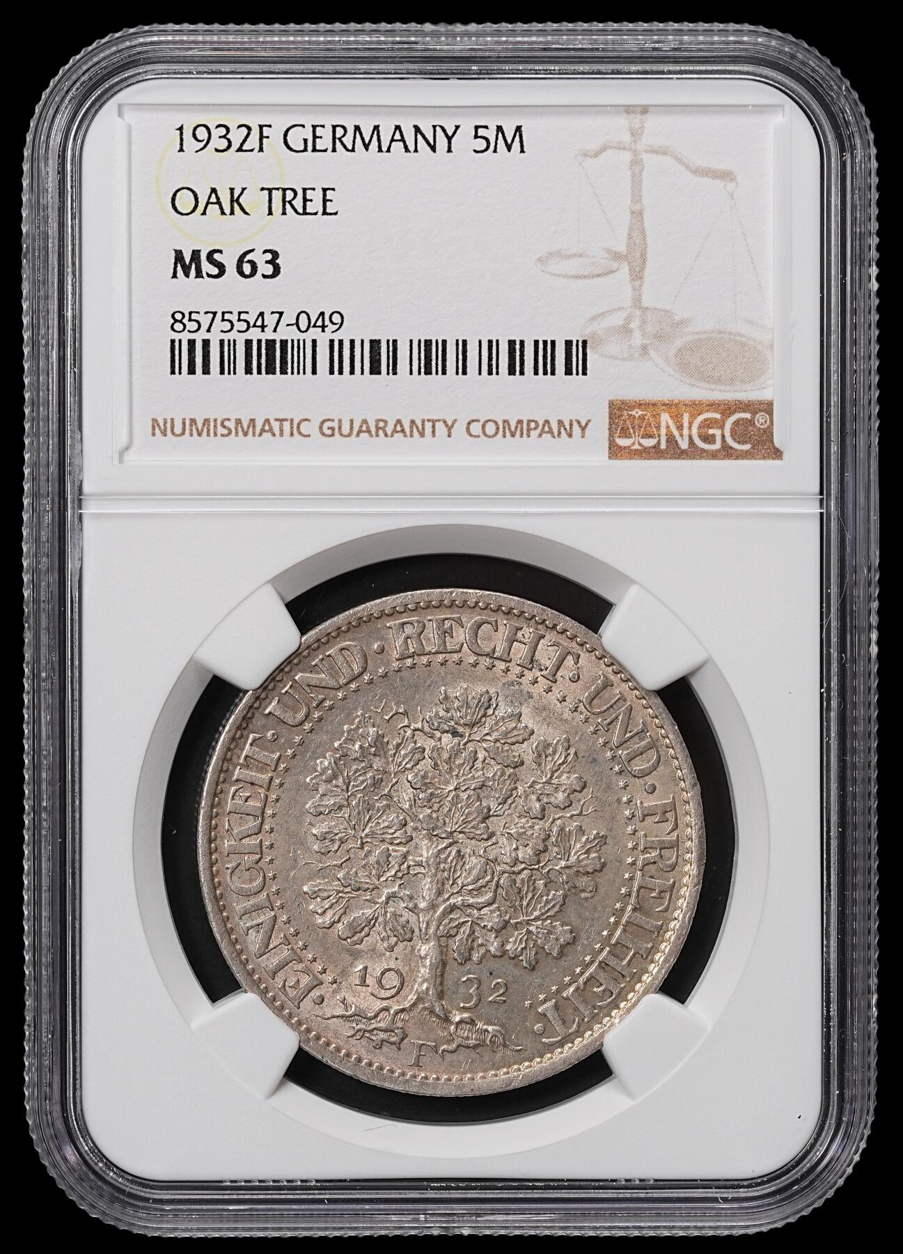 修遠堂世界钱币第八十四期 NGC MS63 1932年魏玛共和国-橡树5马克大银币 F厂铭 热门品种