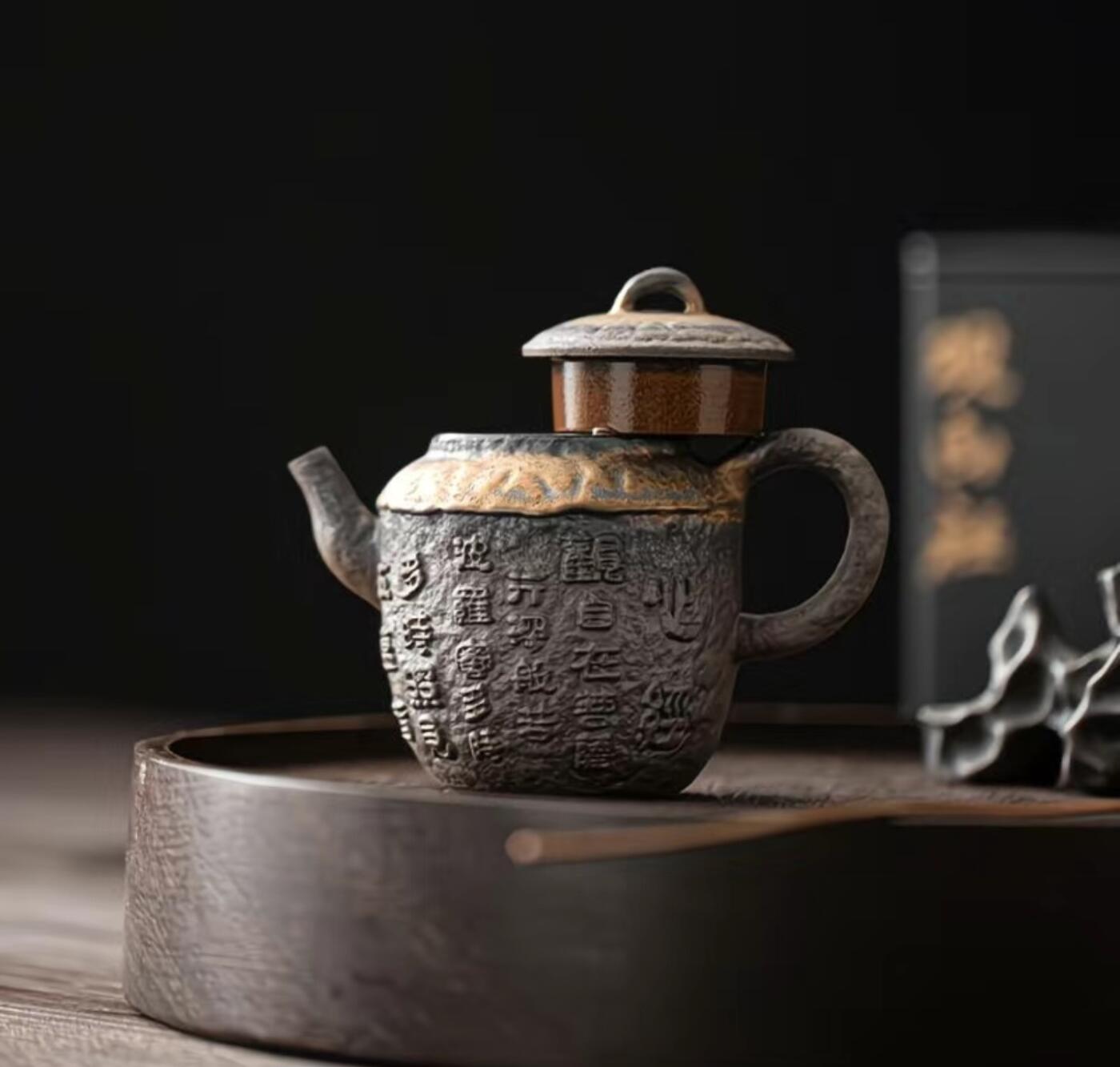 精品粗陶壶专场 复古鎏金铁釉手工古早烧粗陶心经茶壶