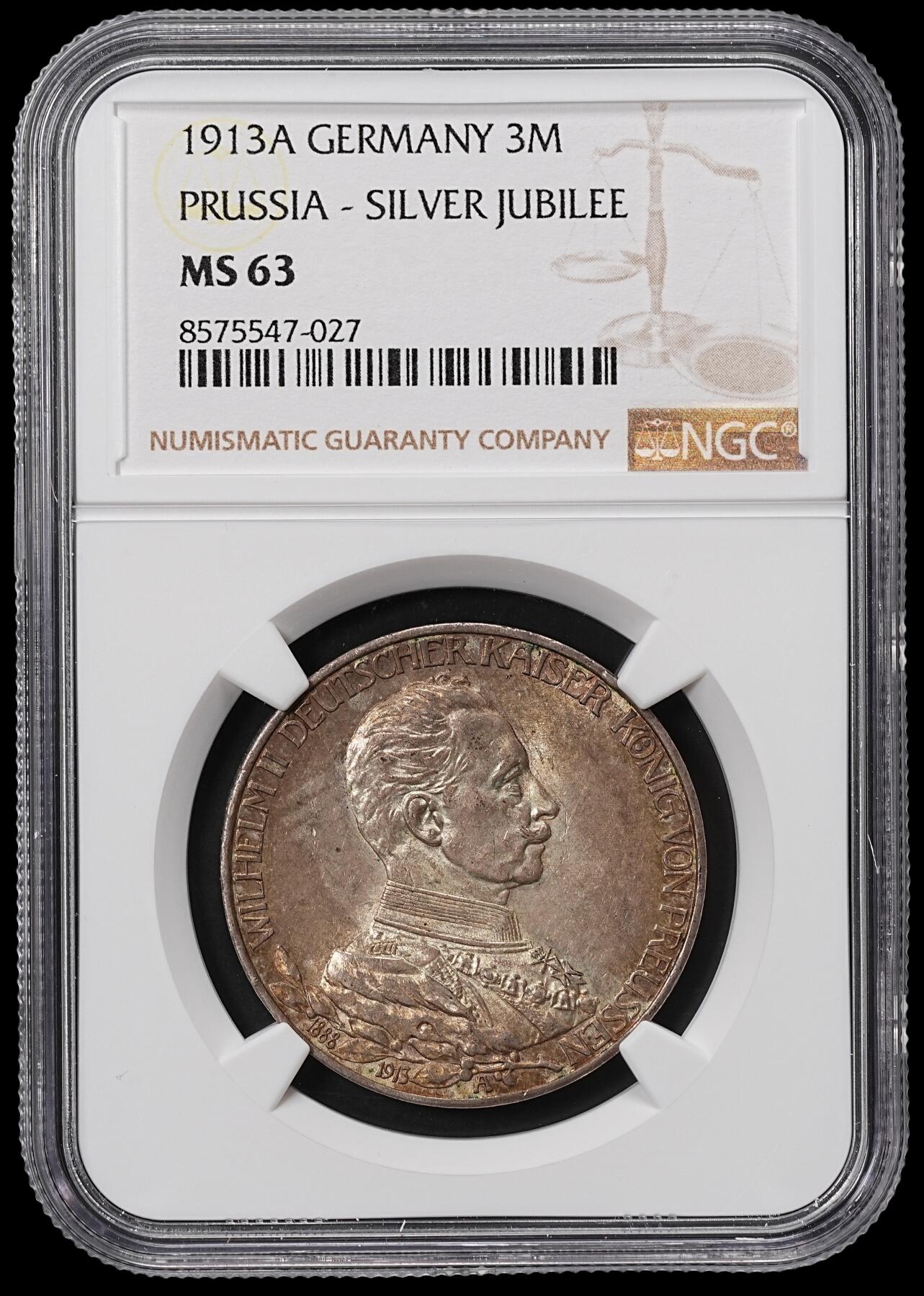 修遠堂世界钱币第八十四期 NGC MS63 1913年普鲁士威廉二世登基25周年纪念3马克银币