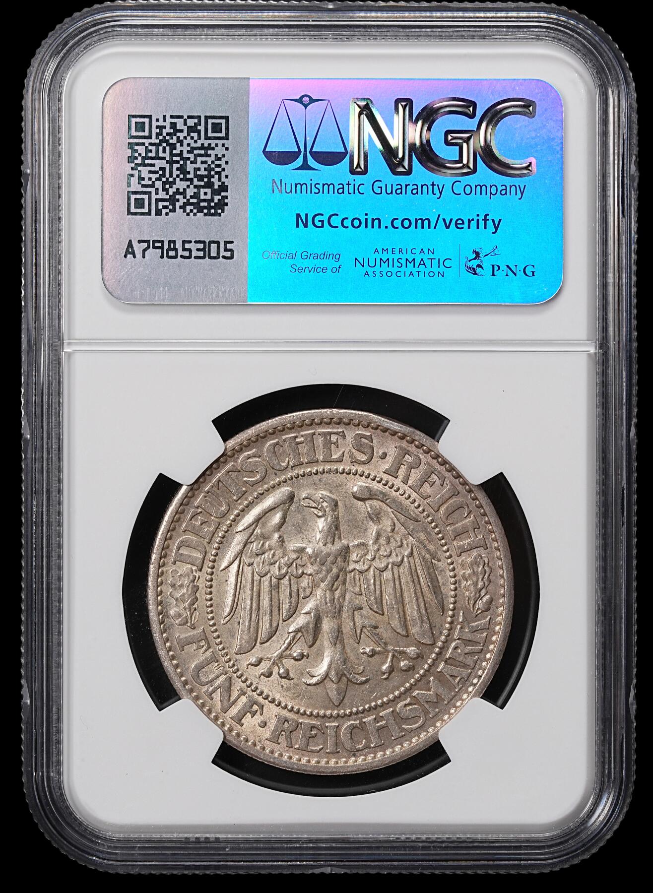 修遠堂世界钱币第八十四期 NGC MS63 1932年魏玛共和国-橡树5马克大银币 F厂铭 热门品种