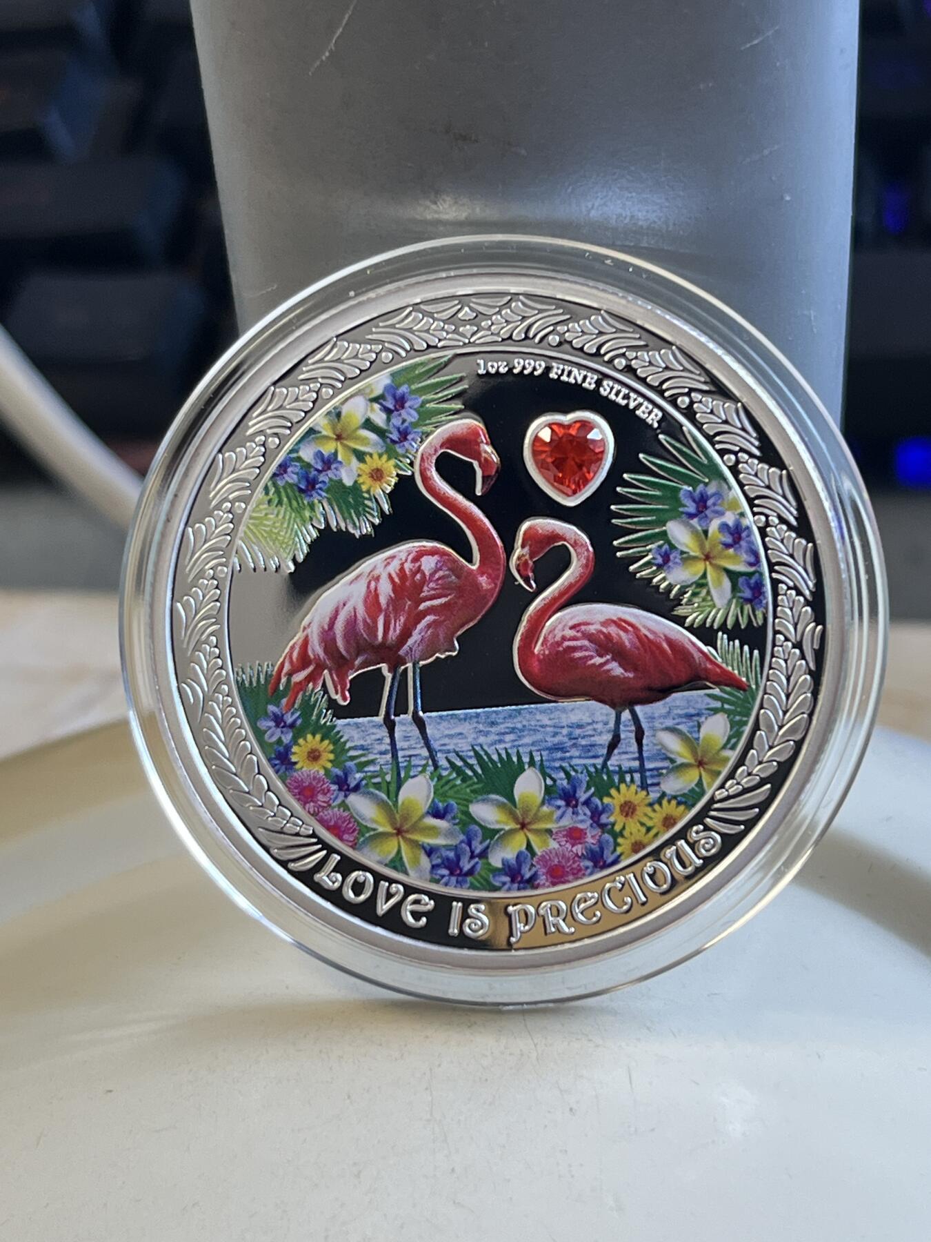 第175期拍卖【长期征集拍品】 纽埃2021珍贵的爱情系列火烈鸟1盎司镶水晶银币,999银，发行3000枚