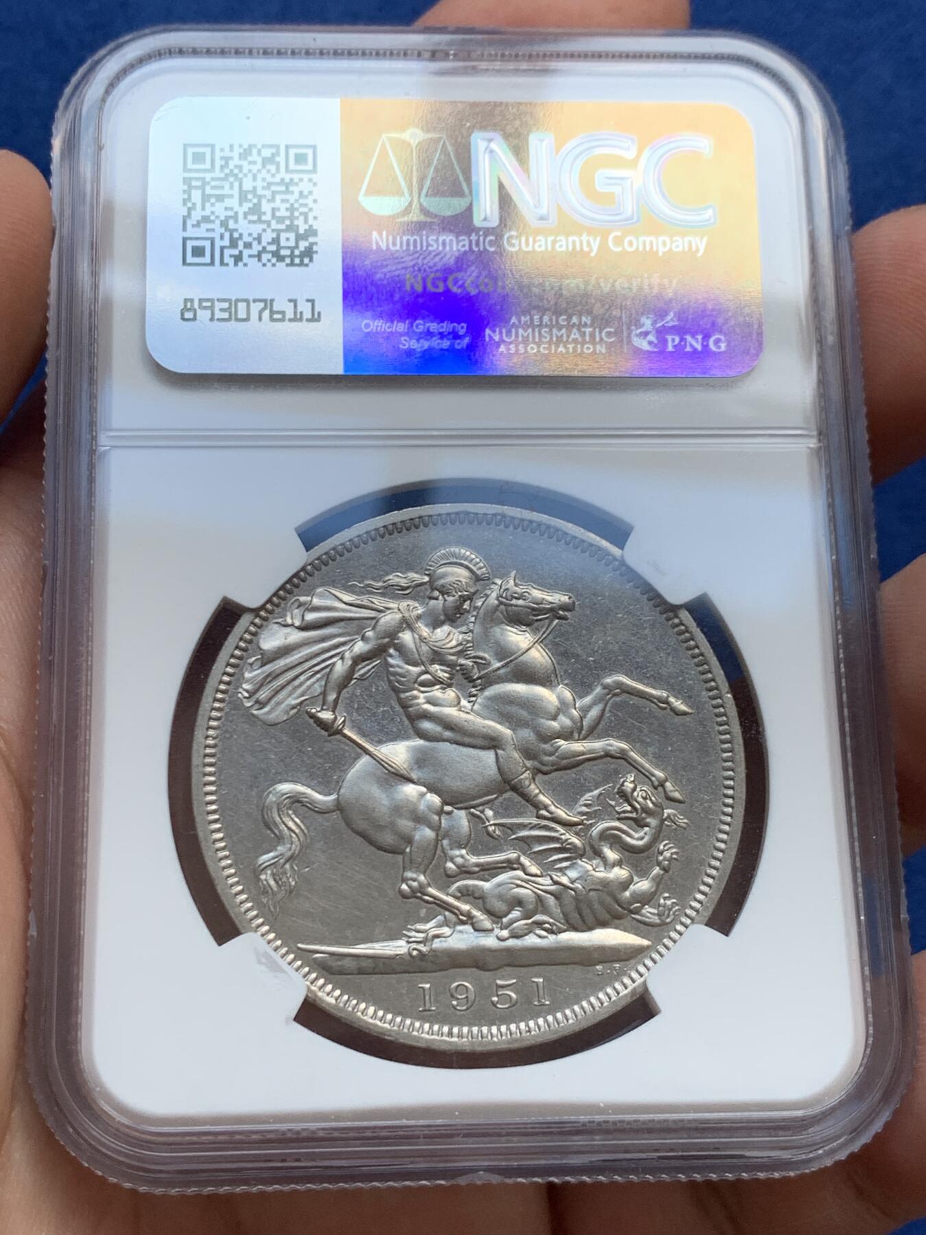 《竞宝斋》第418场 周日，周一，2场连拍 （全场包邮） NGC Prooflike 英国1951年乔治六世镍马剑克朗