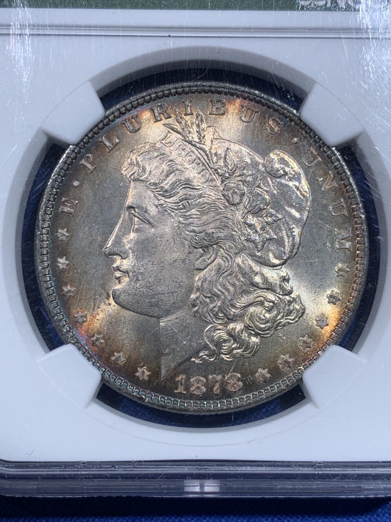 《竞宝斋》第418场 周日，周一，2场连拍 （全场包邮） NGC MS64 摩根 1878 7/8 鹰尾羽毛复打 麦稀奇首见版别 正面环状五彩包浆 相当难得的品相与品种