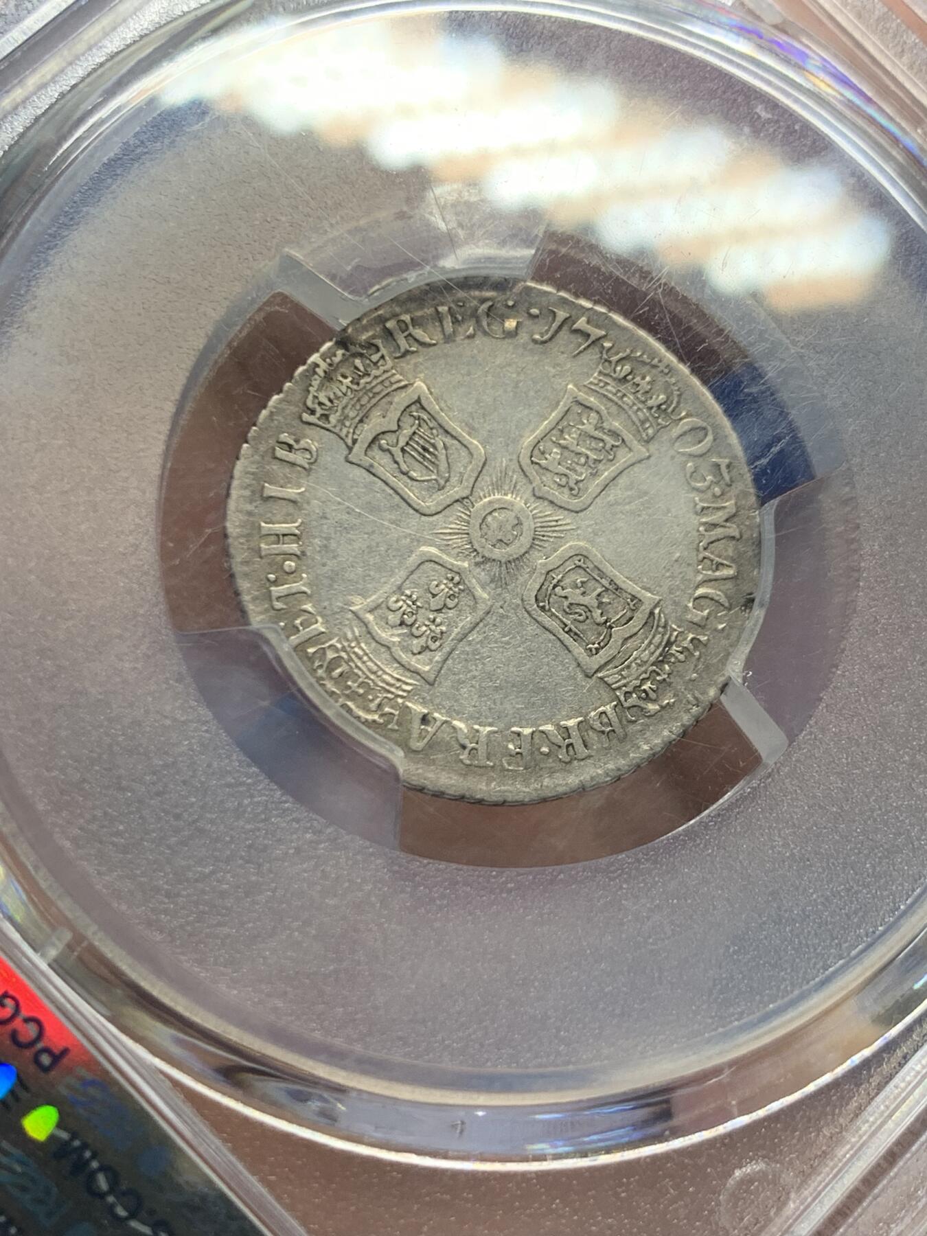 《竞宝斋》第418场 周日，周一，2场连拍 （全场包邮） PCGS XF45 英国1703安妮女王vigo六便士。英系钱币大名誉品，外拍裸币都几百英镑，F.Martin旧藏，PCGS专属封装盒。