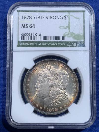 《竞宝斋》第418场 周日，周一，2场连拍 （全场包邮） - NGC MS64 摩根 1878 7/8 鹰尾羽毛复打 麦稀奇首见版别 正面环状五彩包浆 相当难得的品相与品种