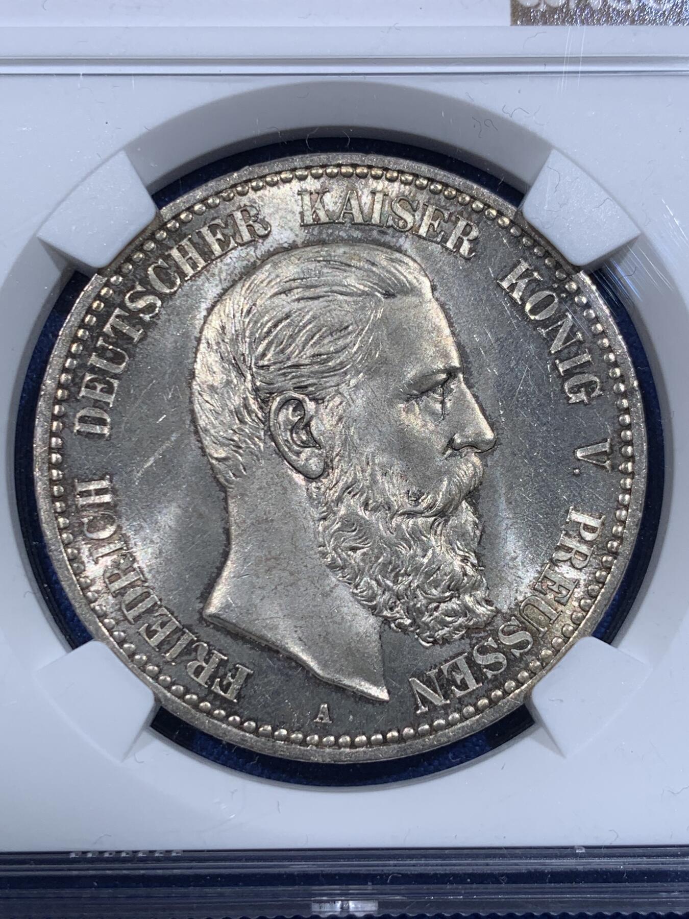 《竞宝斋》第418场 周日，周一，2场连拍 （全场包邮） NGC MS64 德国 1888 A 普鲁士 弗里德里希三世 5马克 包浆很舒服 弗三上63常见，64分不易
