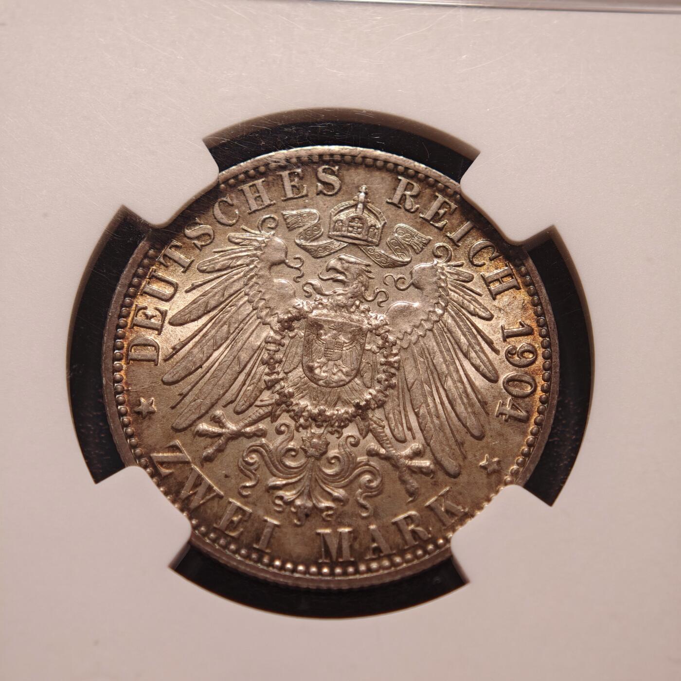 【德藏】世界币章拍卖第146期（拍品征集中~欢迎藏友联系） 1904年 德国不来梅2马克银币 NGC MS65 状态极佳 淡包浆