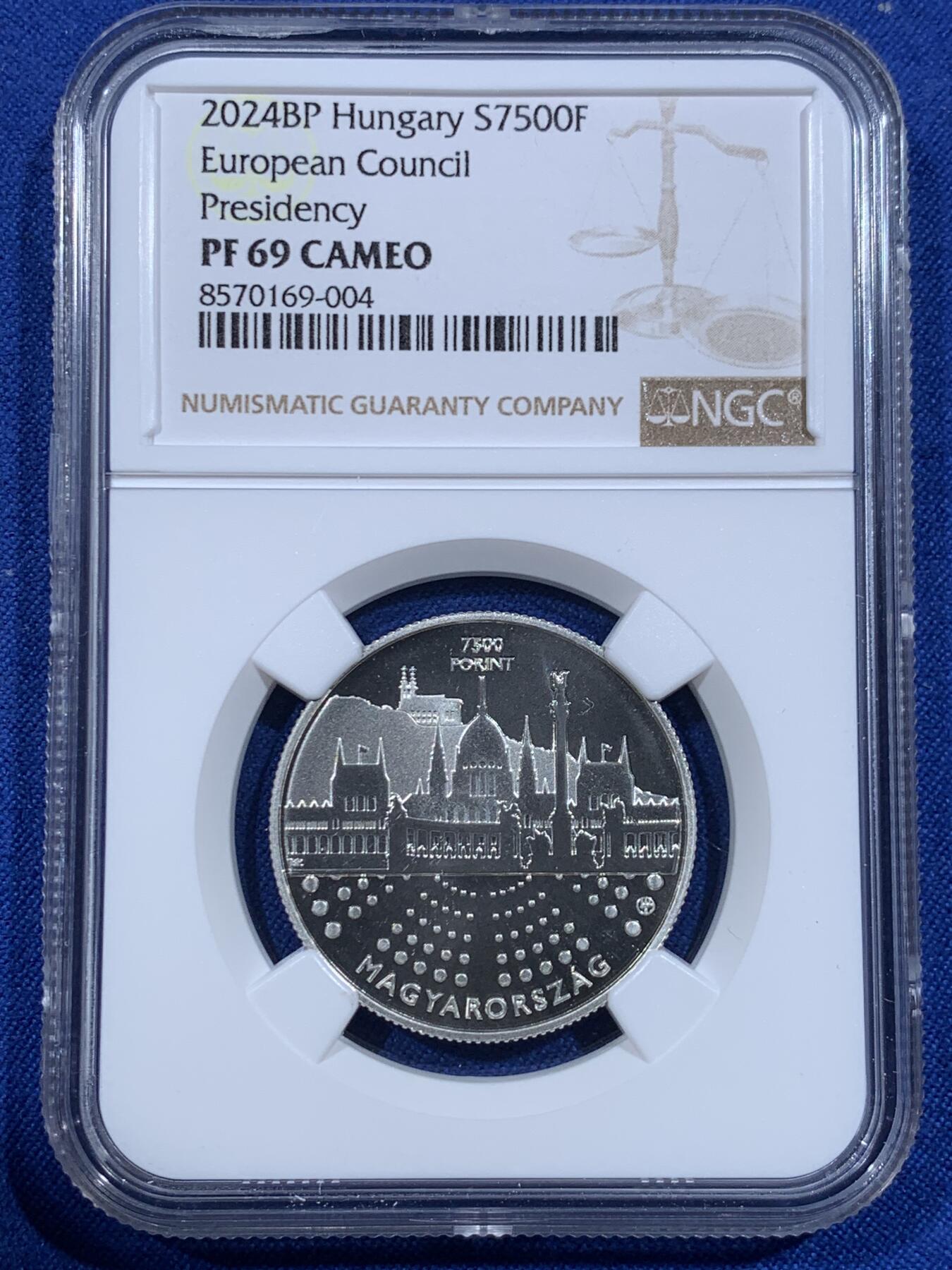 《竞宝斋》第418场 周日，周一，2场连拍 （全场包邮） NGC PF69CAMEO 匈牙利2024年欧盟7500福林精制纪念银币（克重18克，925银，36MM币径，发行量5000枚）