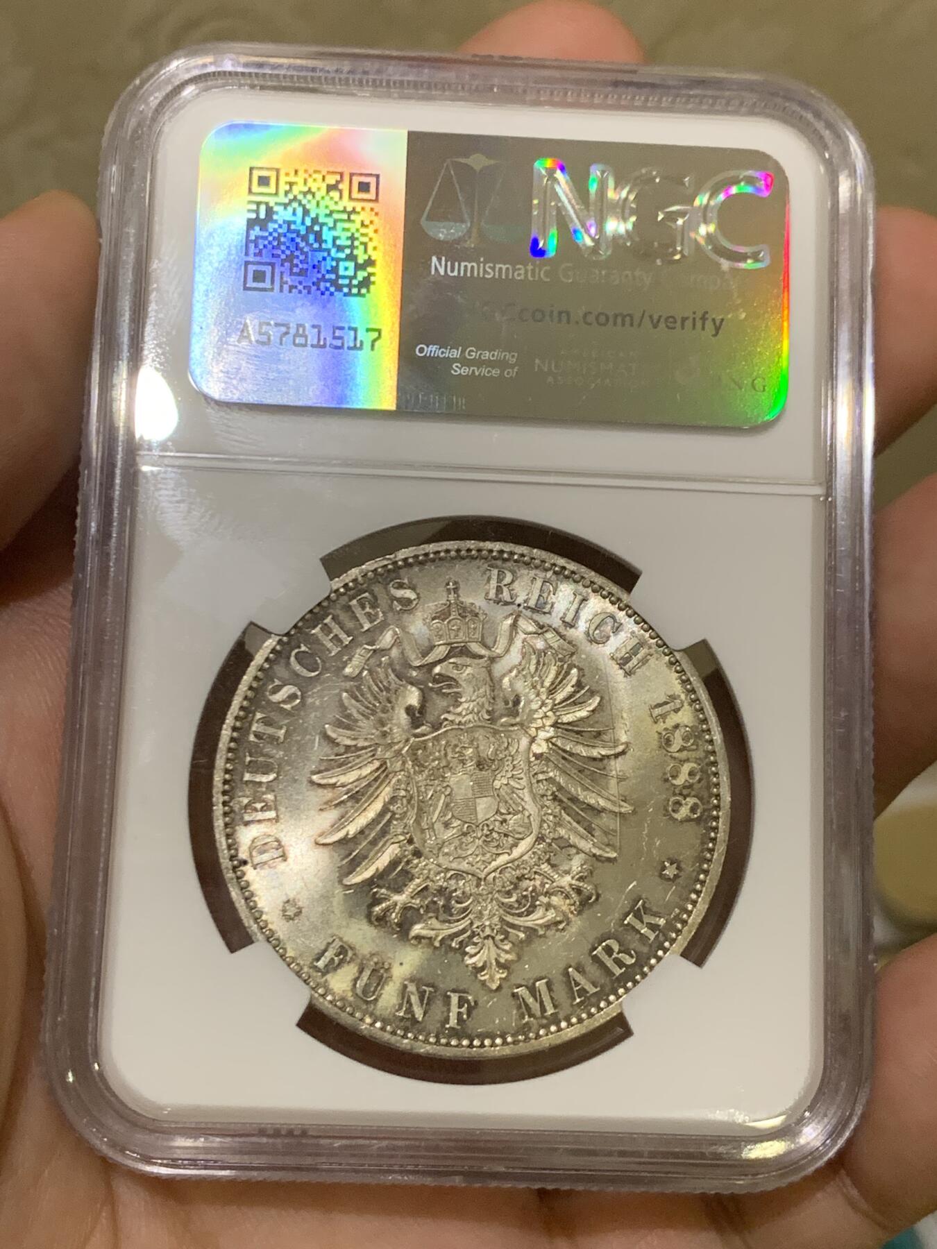 《竞宝斋》第418场 周日，周一，2场连拍 （全场包邮） NGC MS64 德国 1888 A 普鲁士 弗里德里希三世 5马克 包浆很舒服 弗三上63常见，64分不易