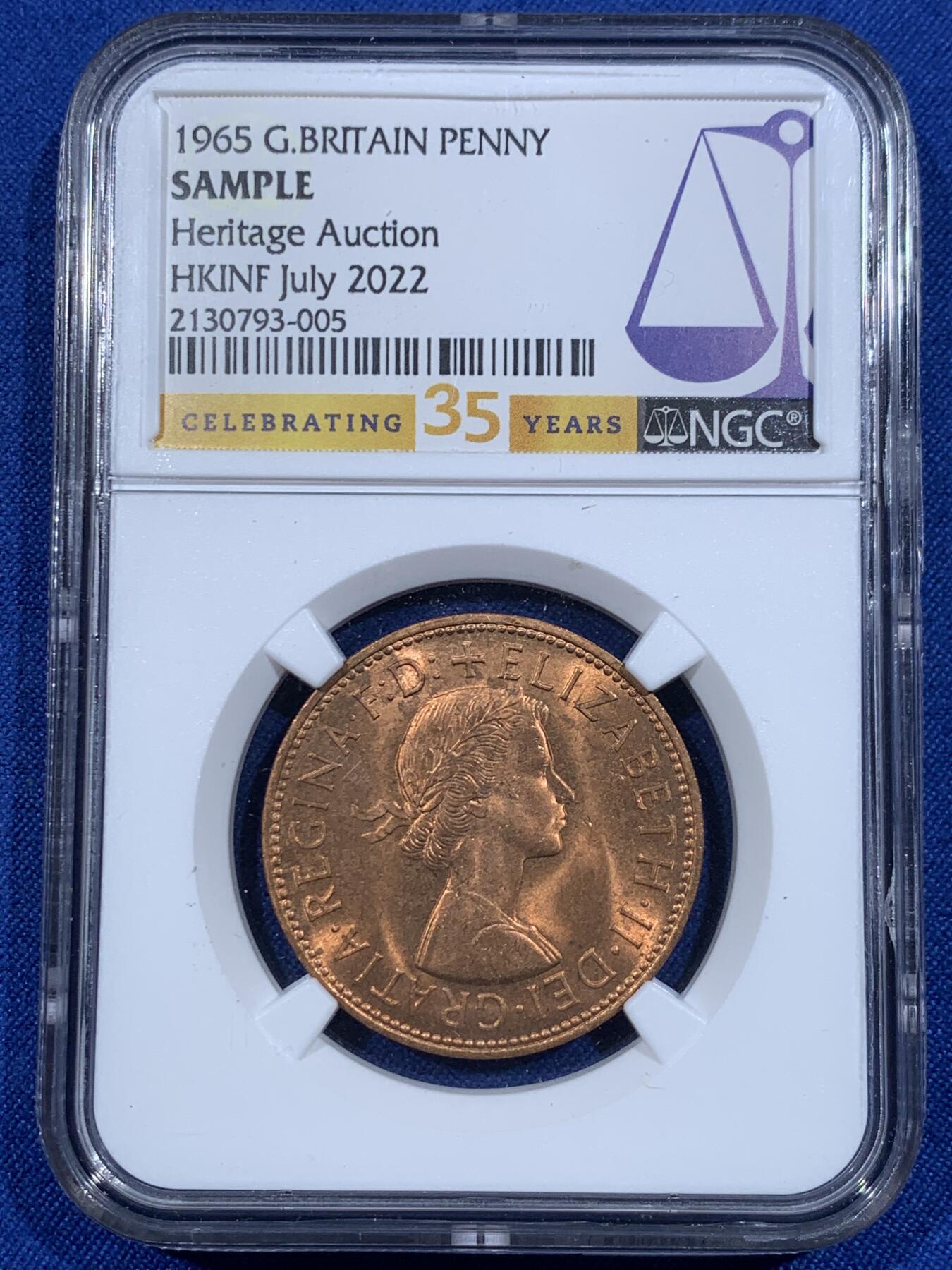《竞宝斋》第418场 周日，周一，2场连拍 （全场包邮） NGC SAMPLE 英国1965年伊丽莎白二世1便士铜币 35周年标