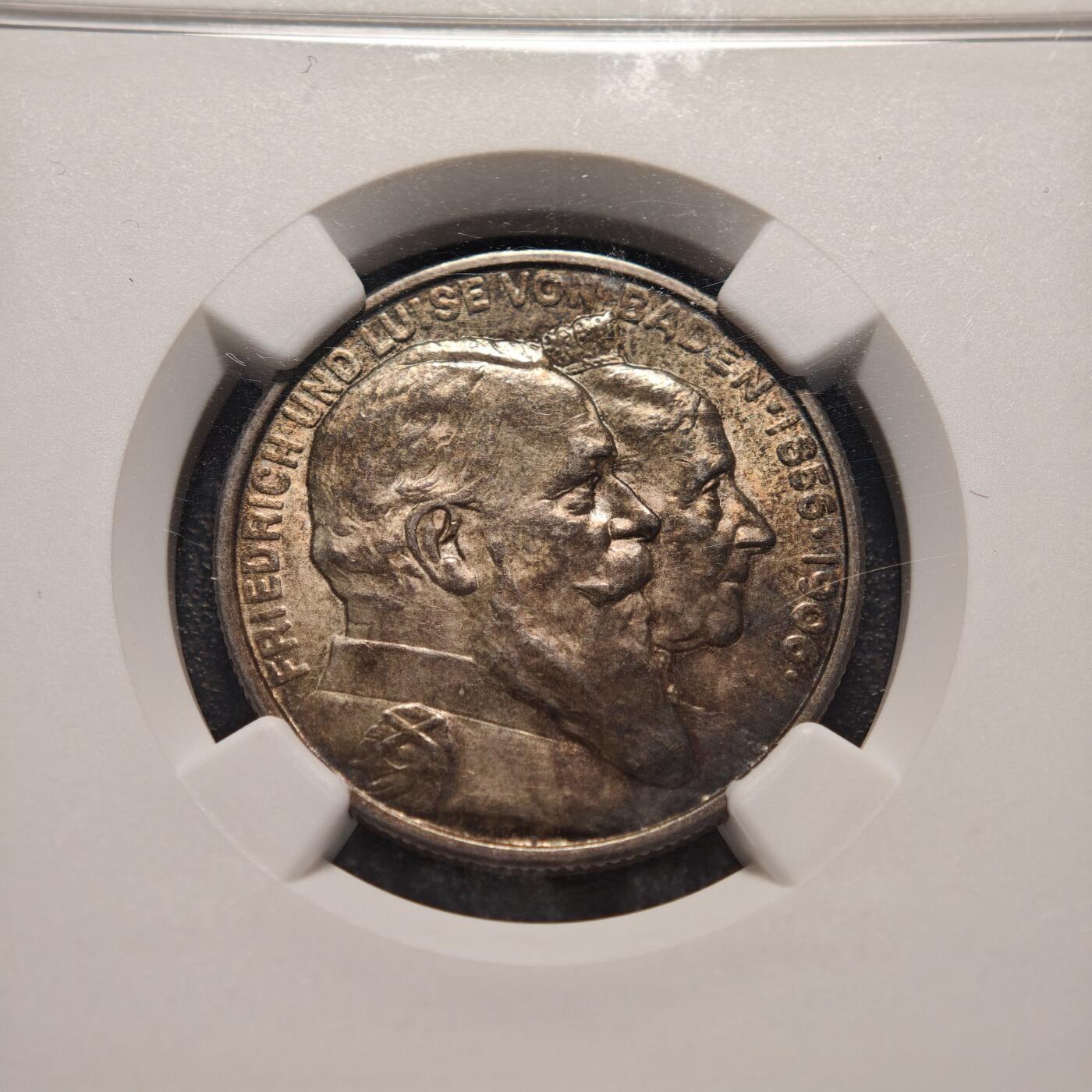 【德藏】世界币章拍卖第146期（拍品征集中~欢迎藏友联系） 1906年 德国巴登金婚2马克银币 NGC MS63 老包浆 盒角微裂