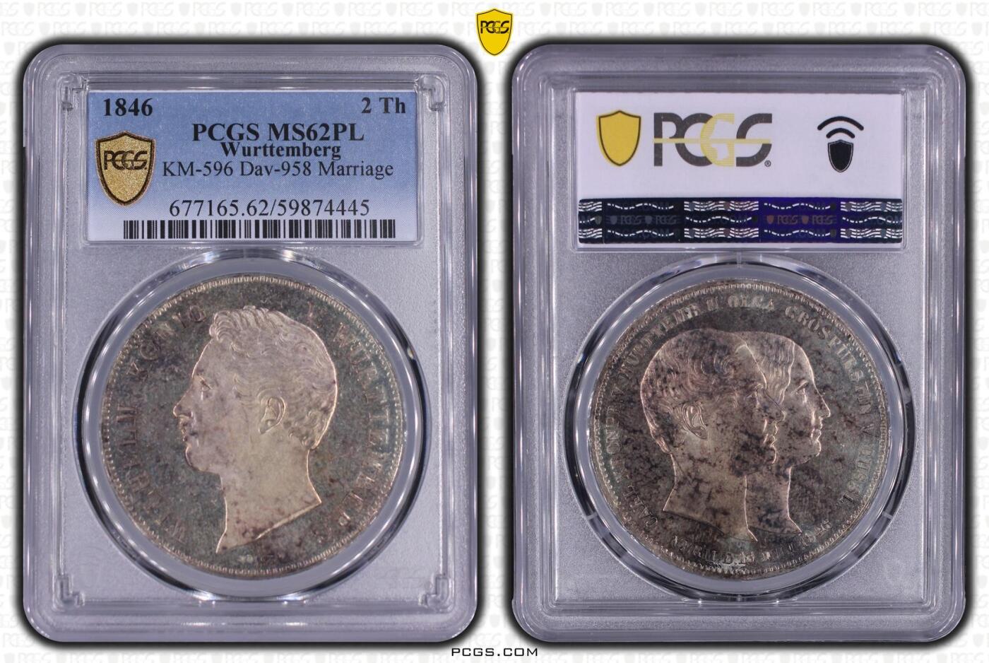 《竞宝斋》第418场 周日，周一，2场连拍 （全场包邮） 唯一亚军分 PCGS MS62PL 德国 1846 符腾堡  结婚纪念 2泰勒银币 首见PL标签  总发行量5808枚 能上PL的更是稀少