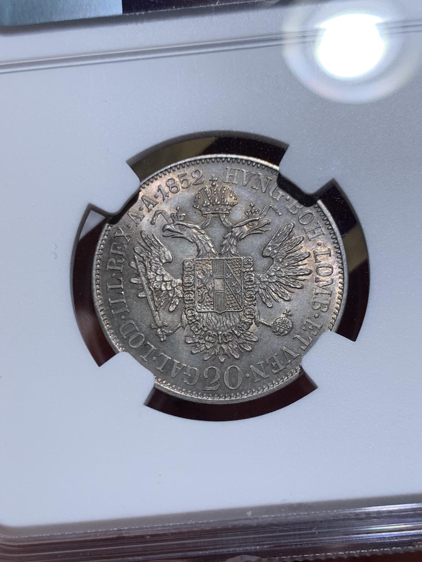 《竞宝斋》第418场 周日，周一，2场连拍 （全场包邮） NGC MS65 奥地利 1852年 20克鲁泽银币 左相单年版 近乎完美的状态 给分感觉还是不够大胆 今年5月欧拍 XF-AU的裸币4000多成交 C版的裸币昆克去年1万多成交 这个状态一枚便是所有