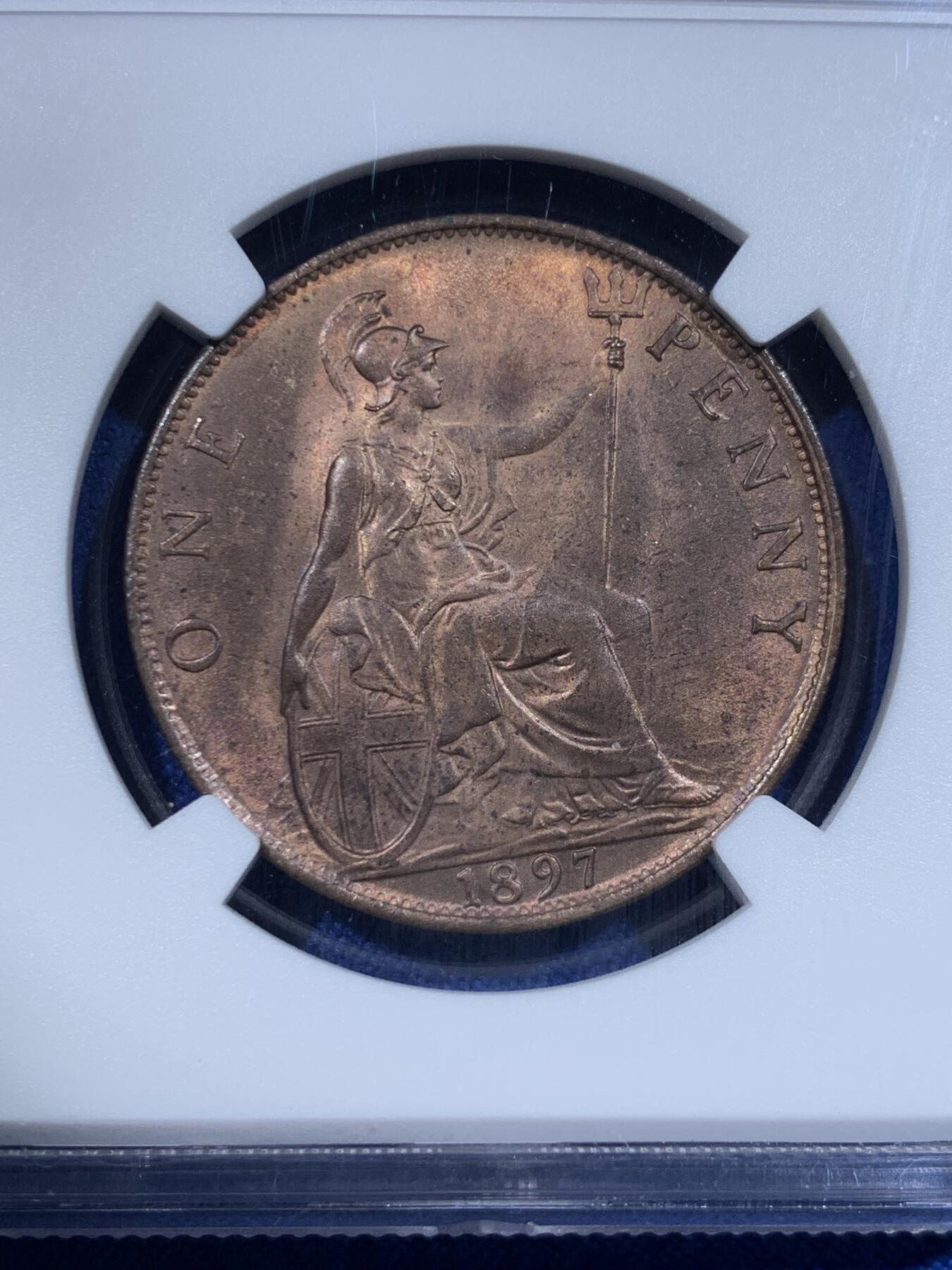 《竞宝斋》第418场 周日，周一，2场连拍 （全场包邮） NGC MS64RB 英国1897年维多利亚披纱1便士低海版，车轮光超级状态