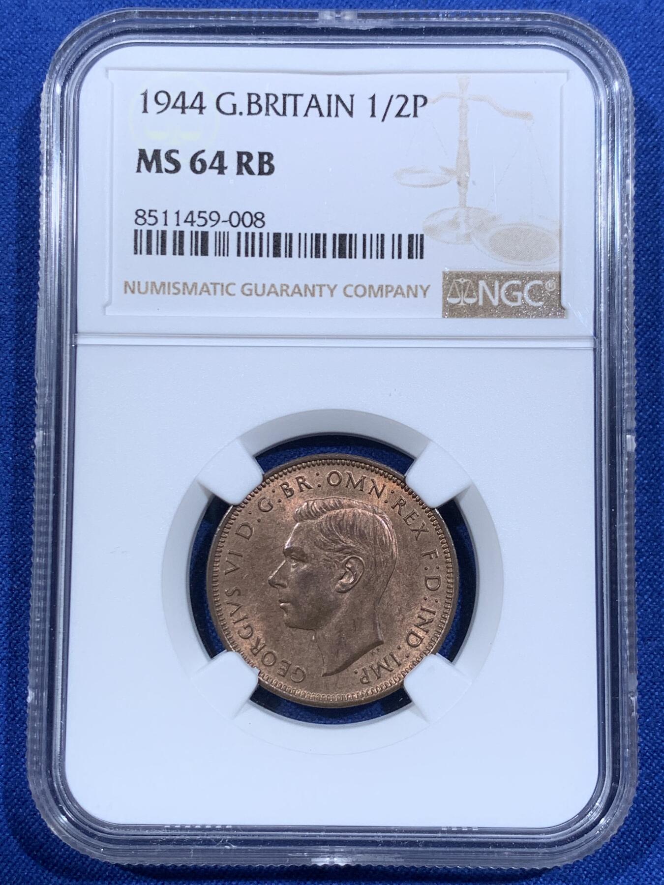 《竞宝斋》第418场 周日，周一，2场连拍 （全场包邮） NGC MS64RB 英国1944年半便士，高分好状态。