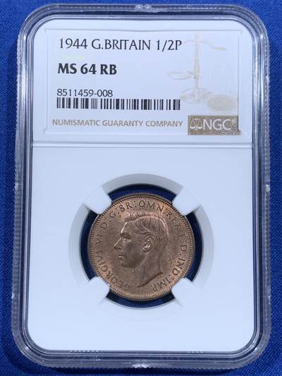 《竞宝斋》第418场 周日，周一，2场连拍 （全场包邮） - NGC MS64RB 英国1944年半便士，高分好状态。