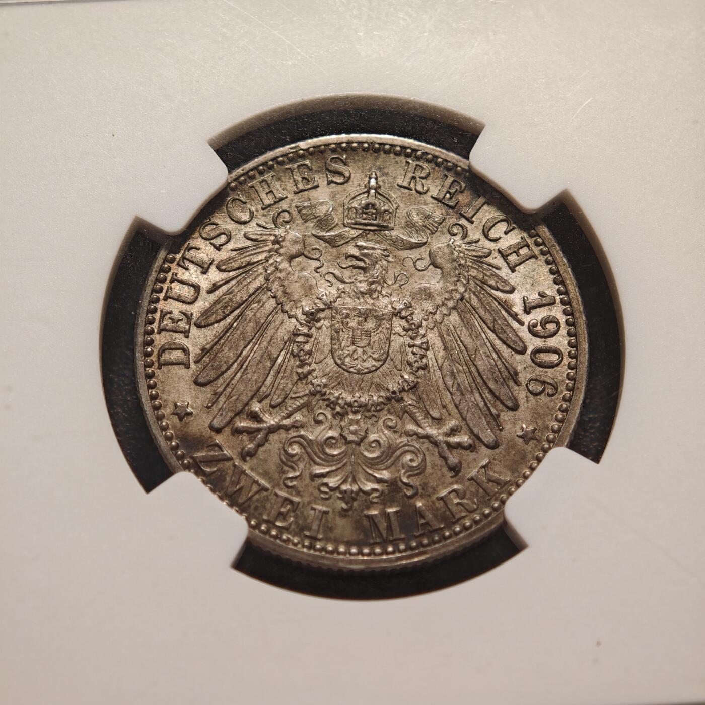【德藏】世界币章拍卖第146期（拍品征集中~欢迎藏友联系） 1906年 德国巴登金婚2马克银币 NGC MS63 老包浆 盒角微裂