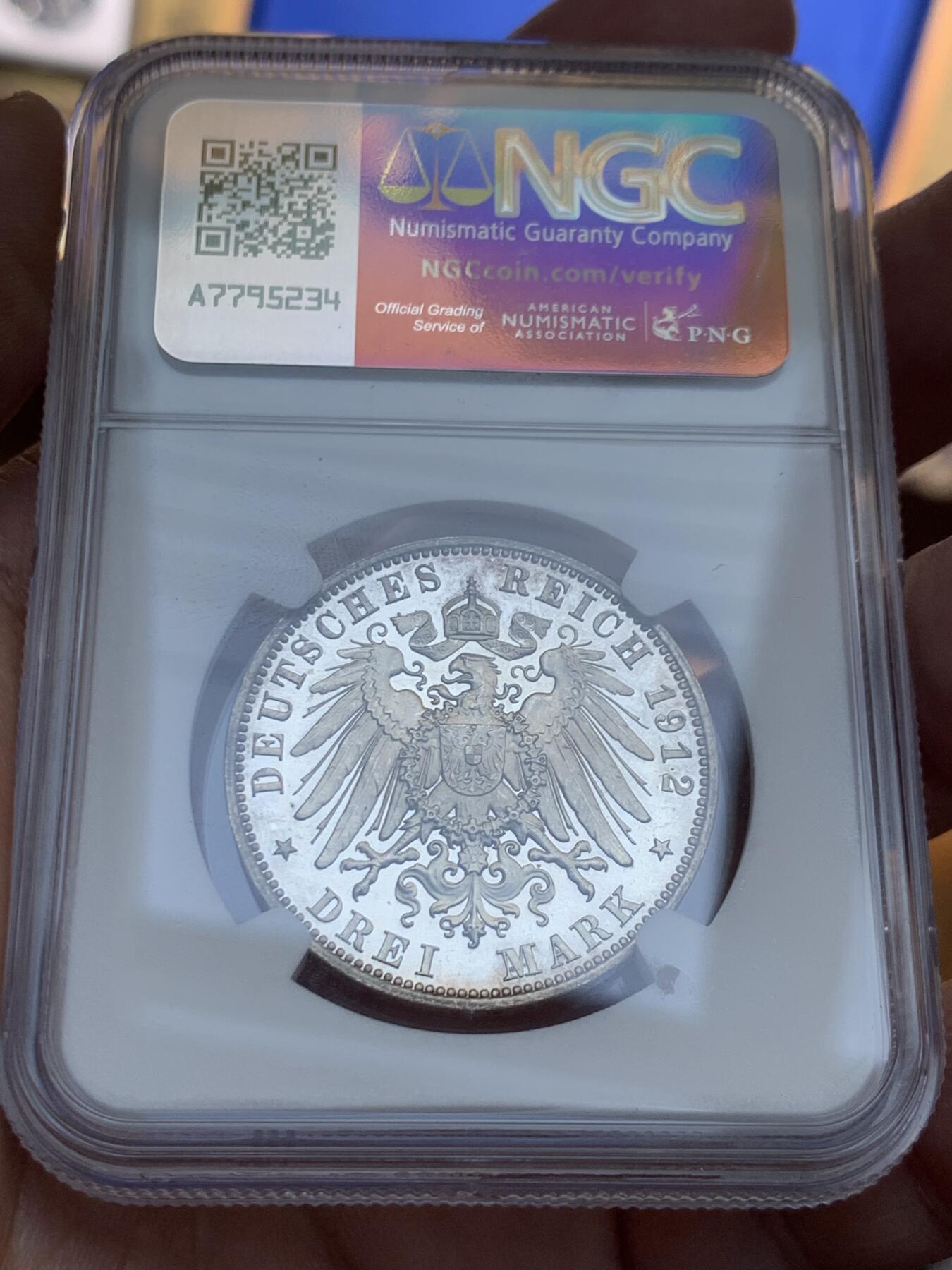 《竞宝斋》第418场 周日，周一，2场连拍 （全场包邮） 唯一冠军分 NGC PF65CAMEO 德国 1912 萨克森 精制3马克银币 美丽无以复加