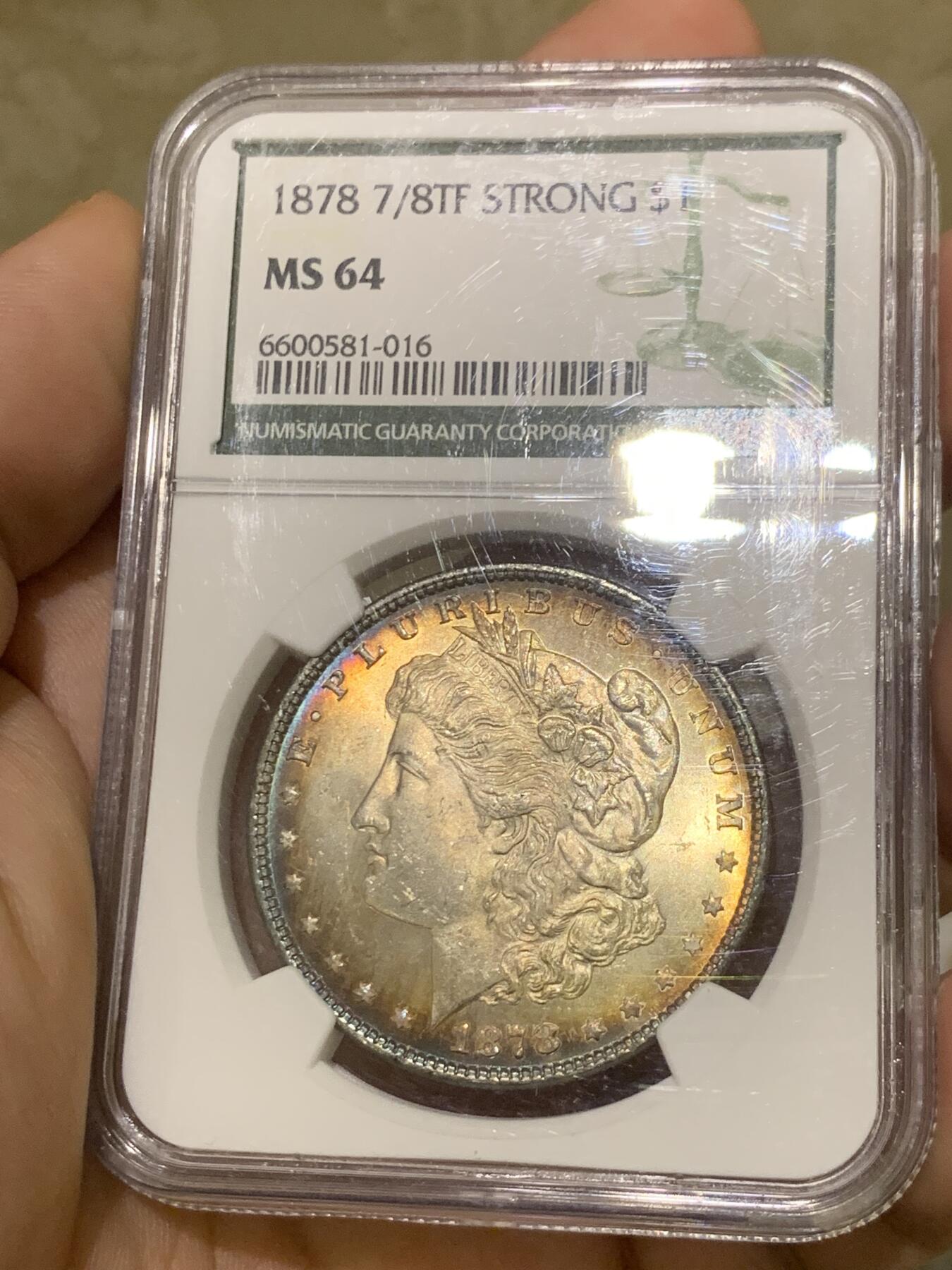 《竞宝斋》第418场 周日，周一，2场连拍 （全场包邮） NGC MS64 摩根 1878 7/8 鹰尾羽毛复打 麦稀奇首见版别 正面环状五彩包浆 相当难得的品相与品种