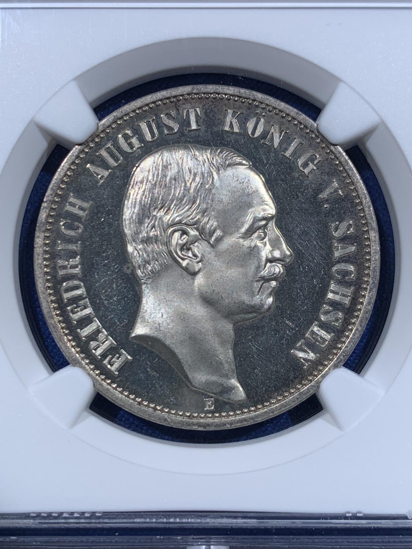 《竞宝斋》第418场 周日，周一，2场连拍 （全场包邮） 唯一冠军分 NGC PF65CAMEO 德国 1912 萨克森 精制3马克银币 美丽无以复加