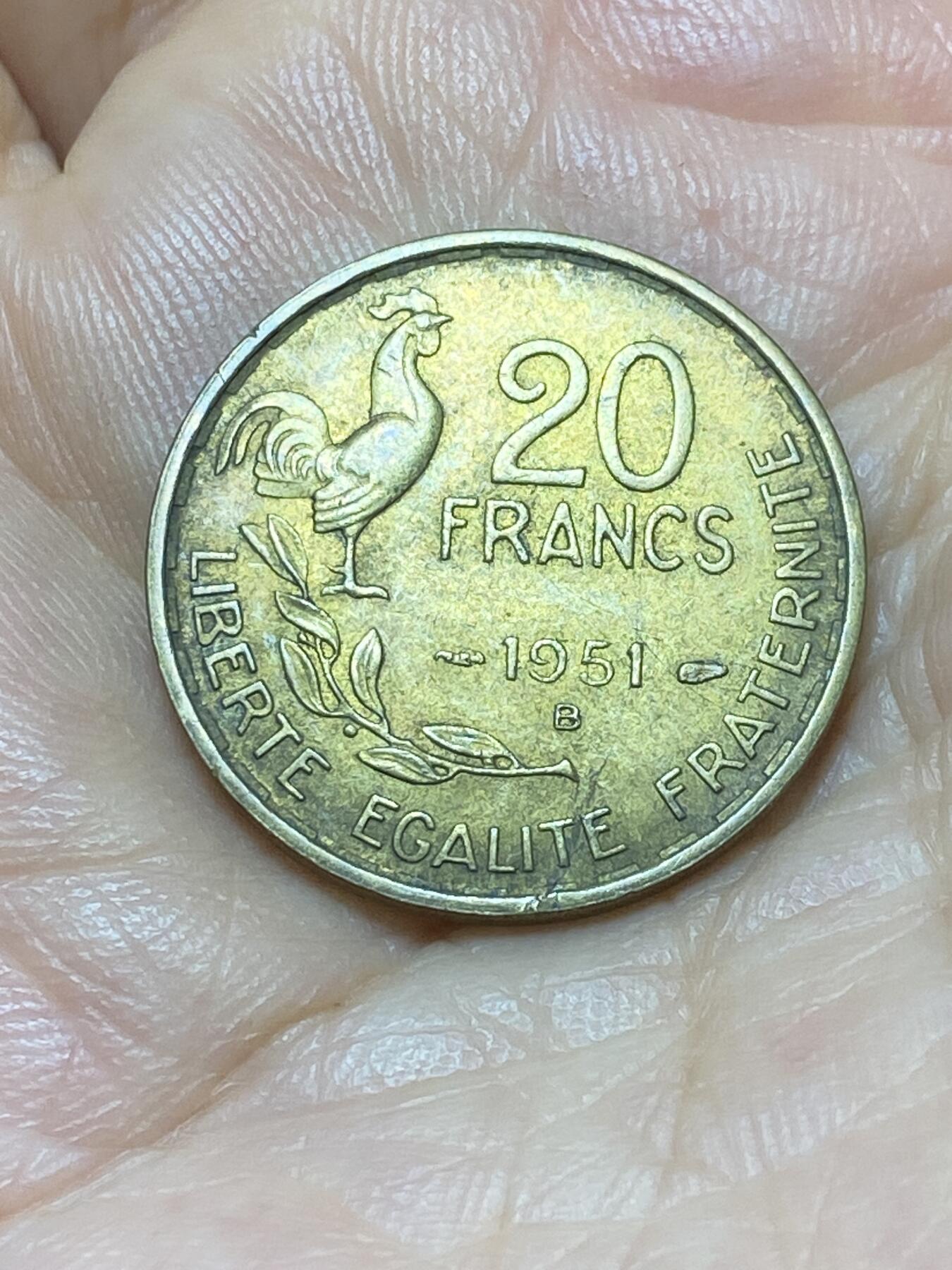 2025年第九十场(总第一百一十六场）外国好品散币(免佣金) 法国🇫🇷1951年20法郎(B版，博蒙莱罗热造，3plumes–3羽)