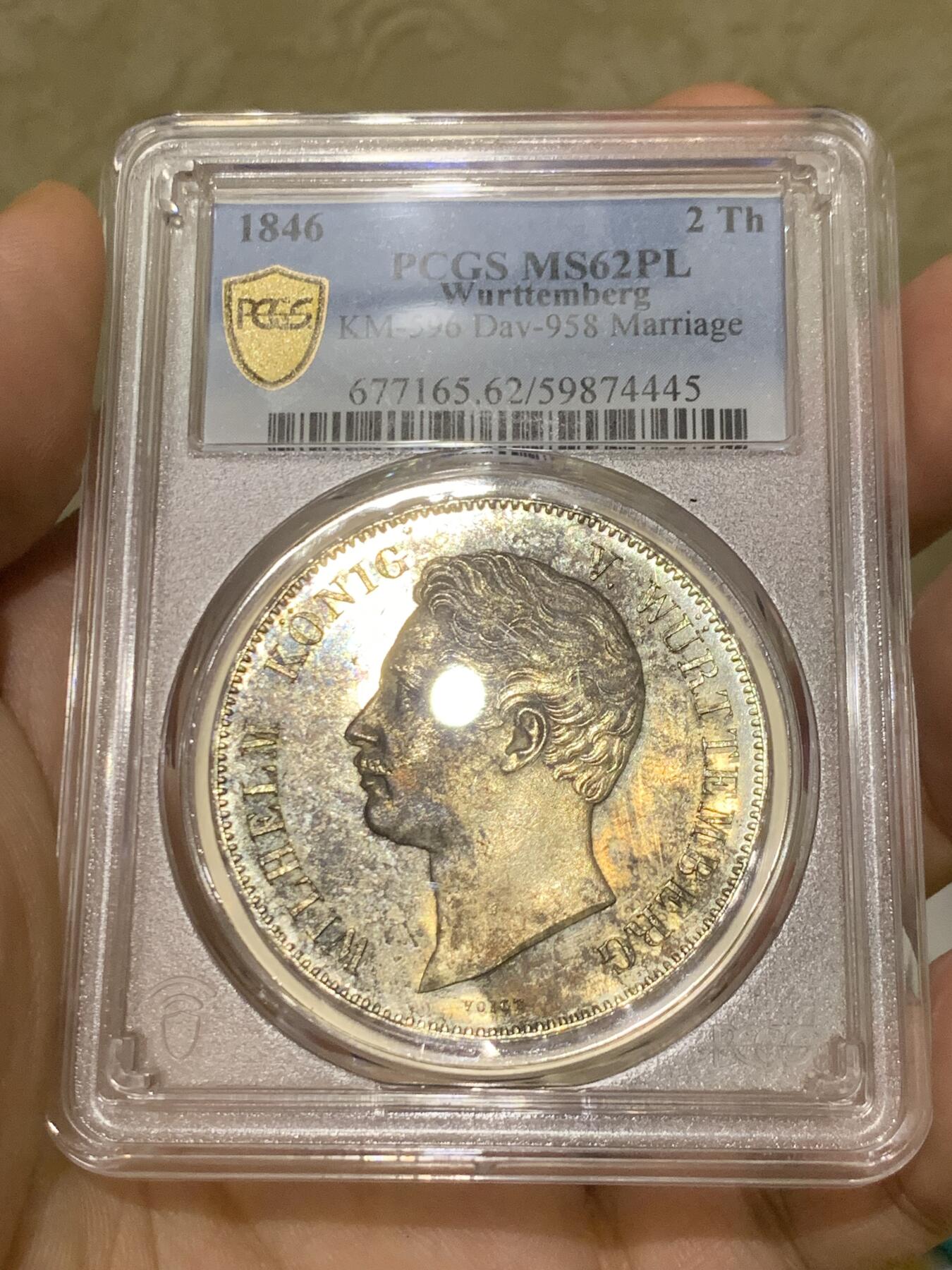 《竞宝斋》第418场 周日，周一，2场连拍 （全场包邮） 唯一亚军分 PCGS MS62PL 德国 1846 符腾堡  结婚纪念 2泰勒银币 首见PL标签  总发行量5808枚 能上PL的更是稀少