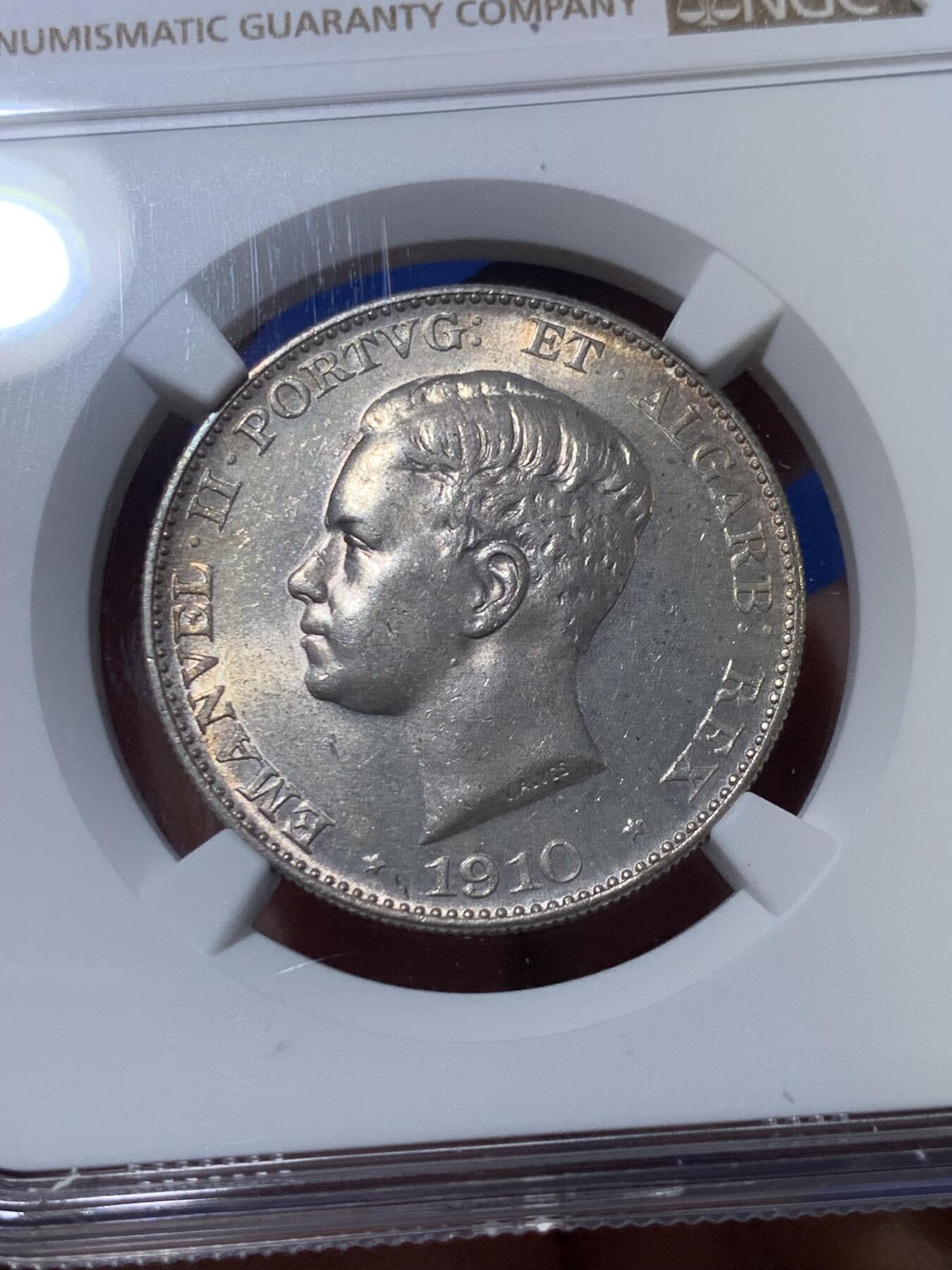 《竞宝斋》第418场 周日，周一，2场连拍 （全场包邮） NGC MS63 葡萄牙1910曼努埃尔二世 彭巴尔侯爵纪念500R银币 稀见品种