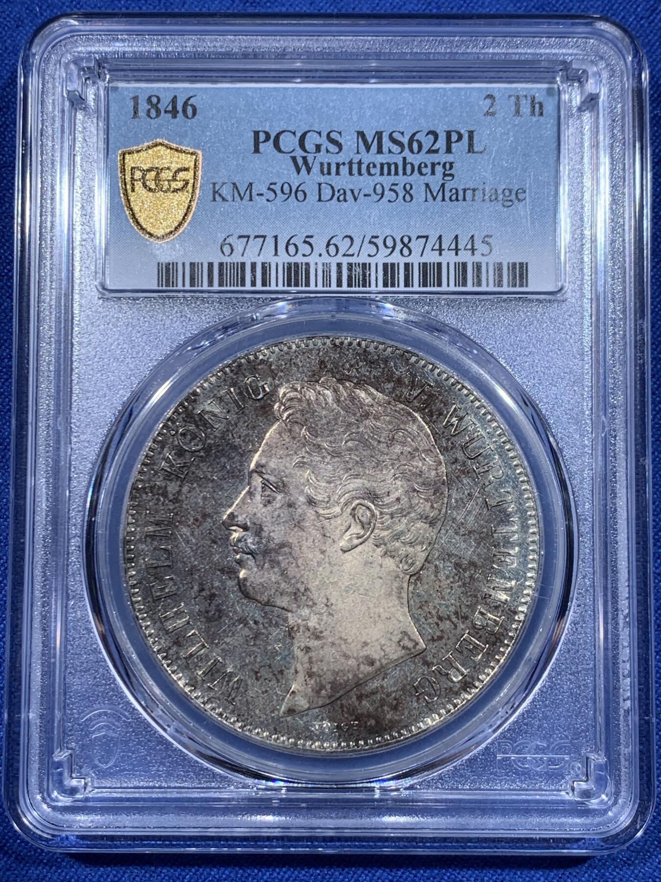 《竞宝斋》第418场 周日，周一，2场连拍 （全场包邮） 唯一亚军分 PCGS MS62PL 德国 1846 符腾堡  结婚纪念 2泰勒银币 首见PL标签  总发行量5808枚 能上PL的更是稀少