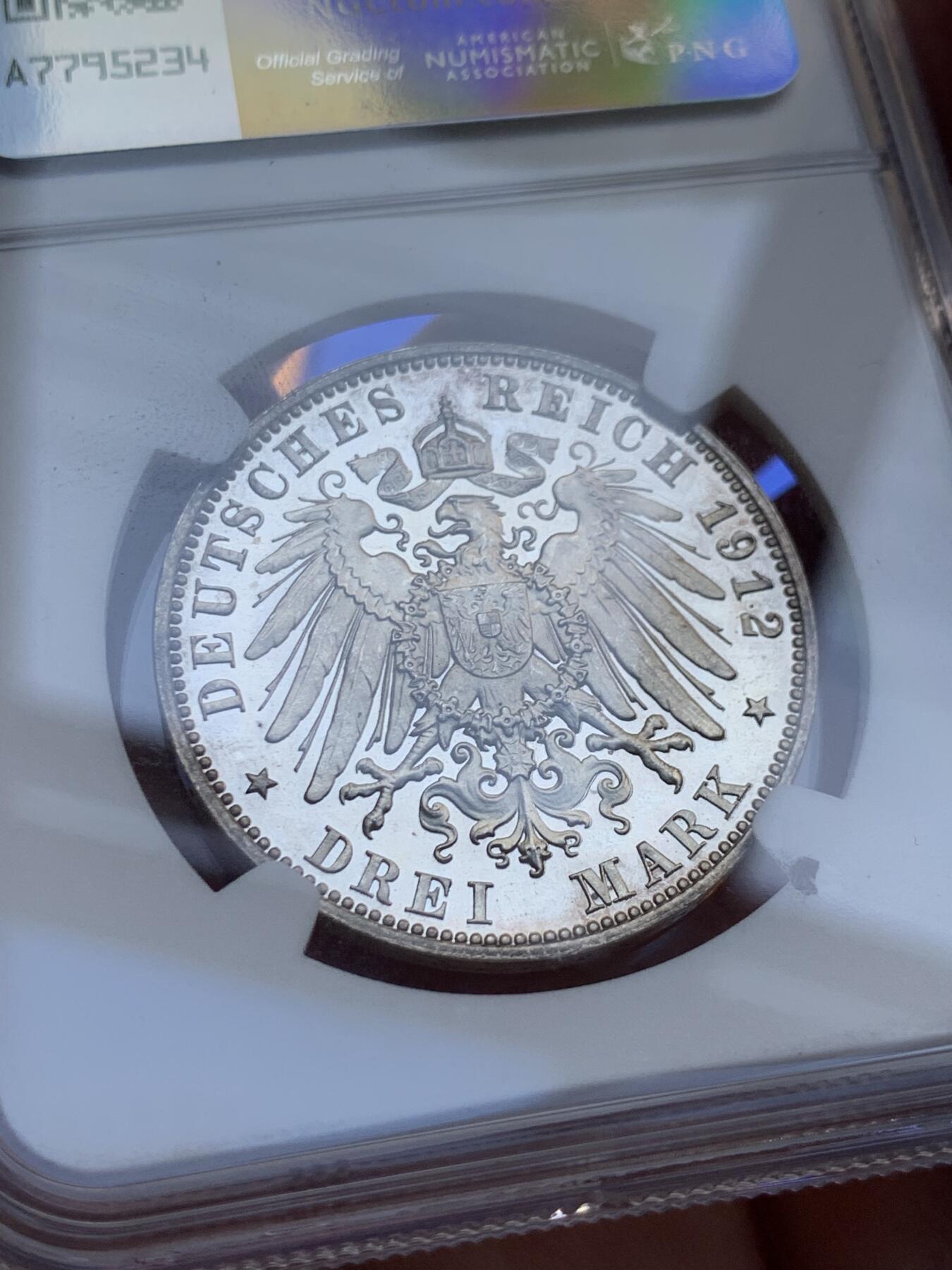《竞宝斋》第418场 周日，周一，2场连拍 （全场包邮） 唯一冠军分 NGC PF65CAMEO 德国 1912 萨克森 精制3马克银币 美丽无以复加