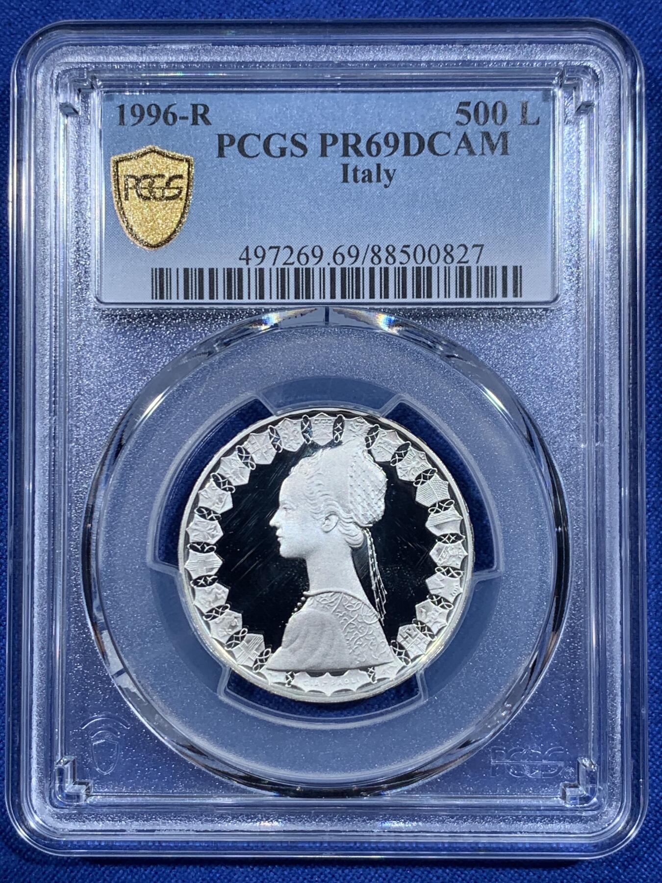 《竞宝斋》第418场 周日，周一，2场连拍 （全场包邮） PCGS PR69DCAM 意大利1996年哥伦布帆船与少女500里拉精制纪念银币（镜面光洁无暇，3枚并列亚军分，冠军分仅一枚，全球发行量仅8千枚）